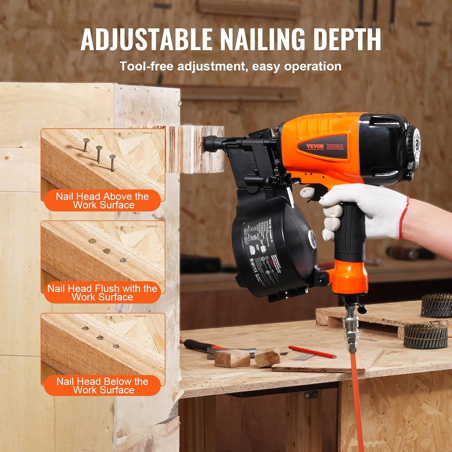 image:imageVEVOR Coil SidingFraming Nailer CN83N 2 to 314 15 Degree Pneumatic Siding Nail Gun with ToolLess Depth Adjustment 70120PSI Air Coil Nailer for Siding Sheathing Wooding Fencing DeckingCN65114 to 212