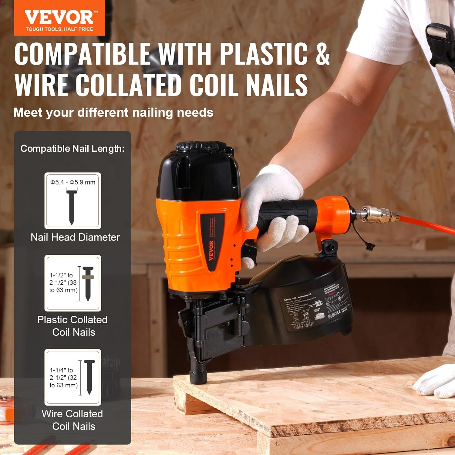 image:imageVEVOR Coil SidingFraming Nailer CN83N 2 to 314 15 Degree Pneumatic Siding Nail Gun with ToolLess Depth Adjustment 70120PSI Air Coil Nailer for Siding Sheathing Wooding Fencing DeckingCN65114 to 212