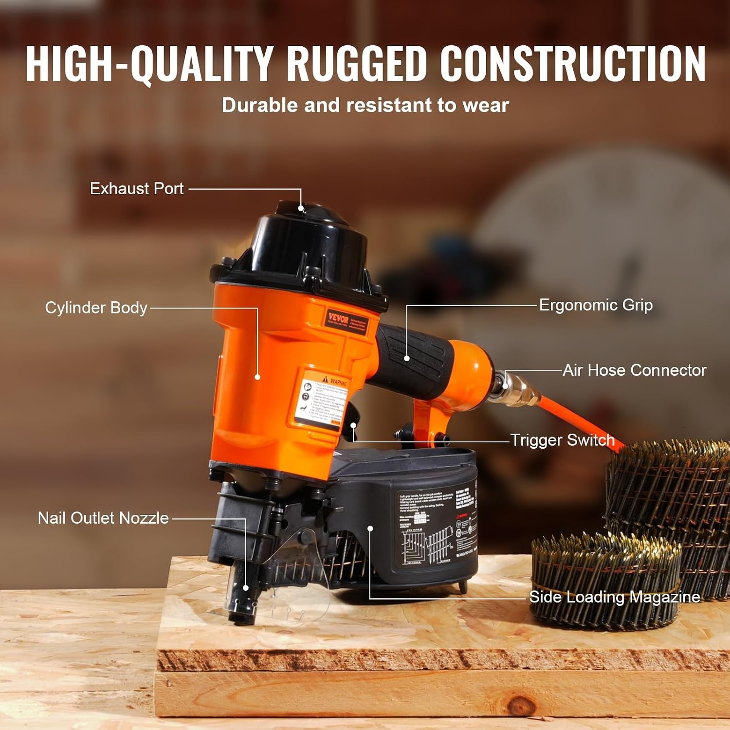 image:imageVEVOR Coil SidingFraming Nailer CN83N 2 to 314 15 Degree Pneumatic Siding Nail Gun with ToolLess Depth Adjustment 70120PSI Air Coil Nailer for Siding Sheathing Wooding Fencing DeckingMCN551 to 214