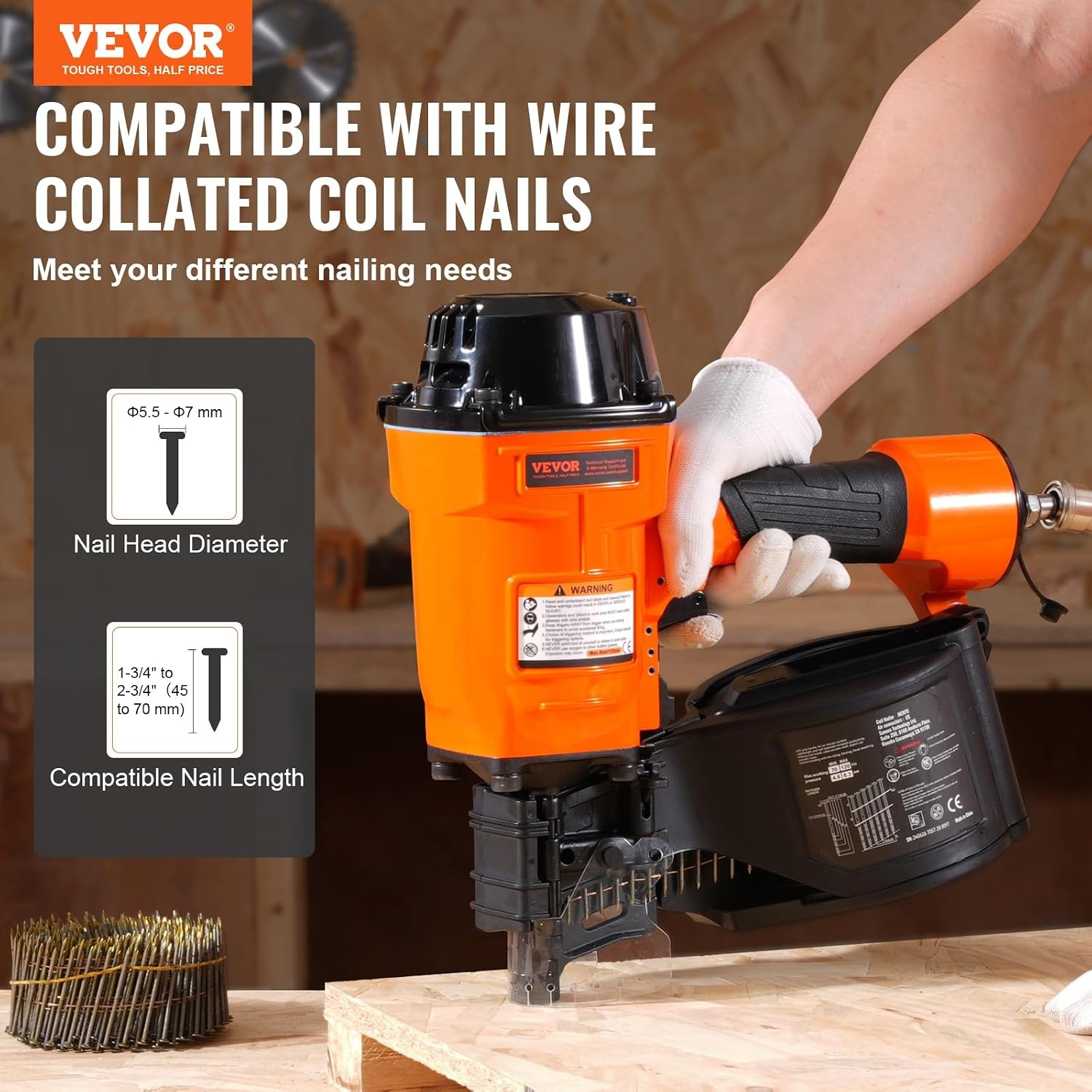 image:imageVEVOR Coil SidingFraming Nailer CN83N 2 to 314 15 Degree Pneumatic Siding Nail Gun with ToolLess Depth Adjustment 70120PSI Air Coil Nailer for Siding Sheathing Wooding Fencing DeckingMCN70134 to 234