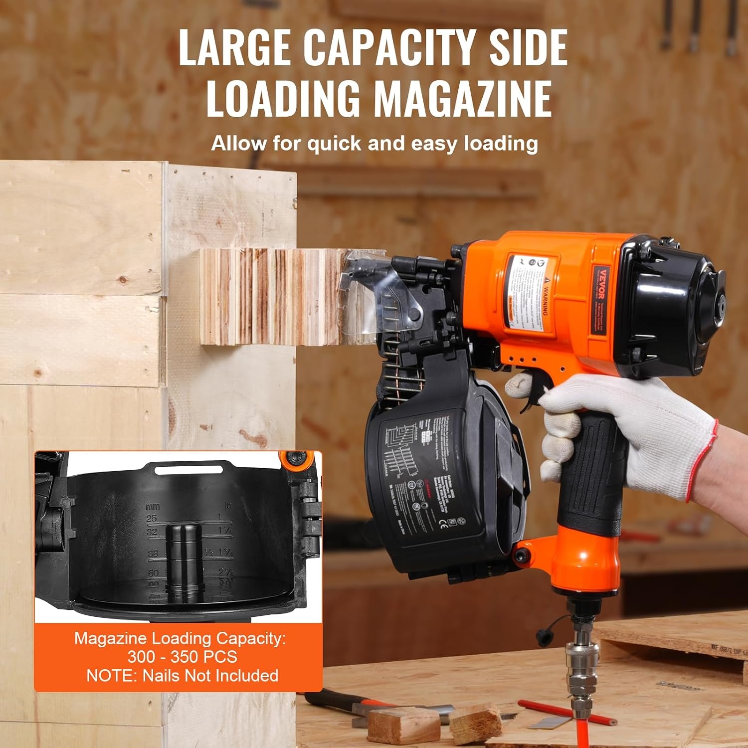 image:imageVEVOR Coil SidingFraming Nailer CN83N 2 to 314 15 Degree Pneumatic Siding Nail Gun with ToolLess Depth Adjustment 70120PSI Air Coil Nailer for Siding Sheathing Wooding Fencing DeckingMCN551 to 214