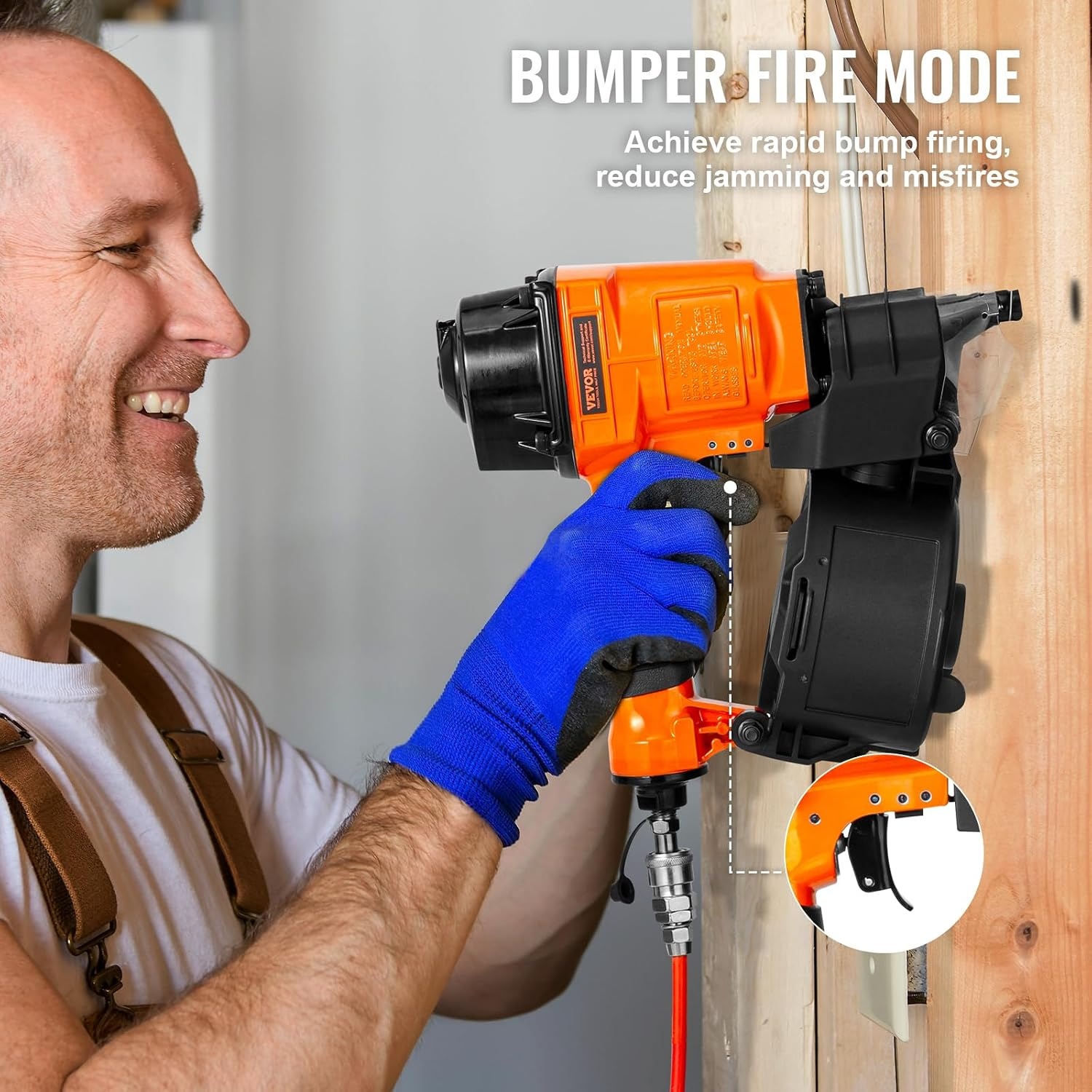 image:imageVEVOR Coil SidingFraming Nailer CN83N 2 to 314 15 Degree Pneumatic Siding Nail Gun with ToolLess Depth Adjustment 70120PSI Air Coil Nailer for Siding Sheathing Wooding Fencing DeckingMCN551 to 214