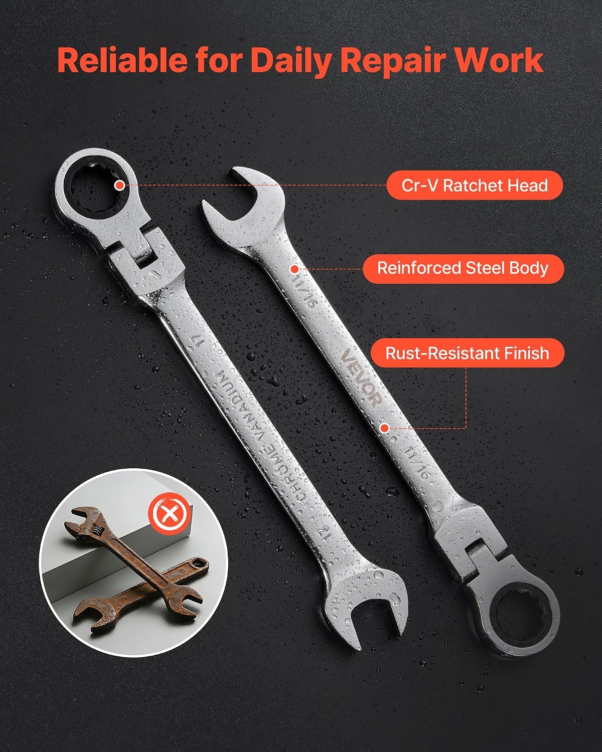 image:imageVEVOR Combination Wrench Set 44Piece SAE and Metric 12Point Box End and 15 Angled Open End Combination Wrenches with Roll Up Pouch Carbon Steel for General Household and Automotive RepairsFlexhead
