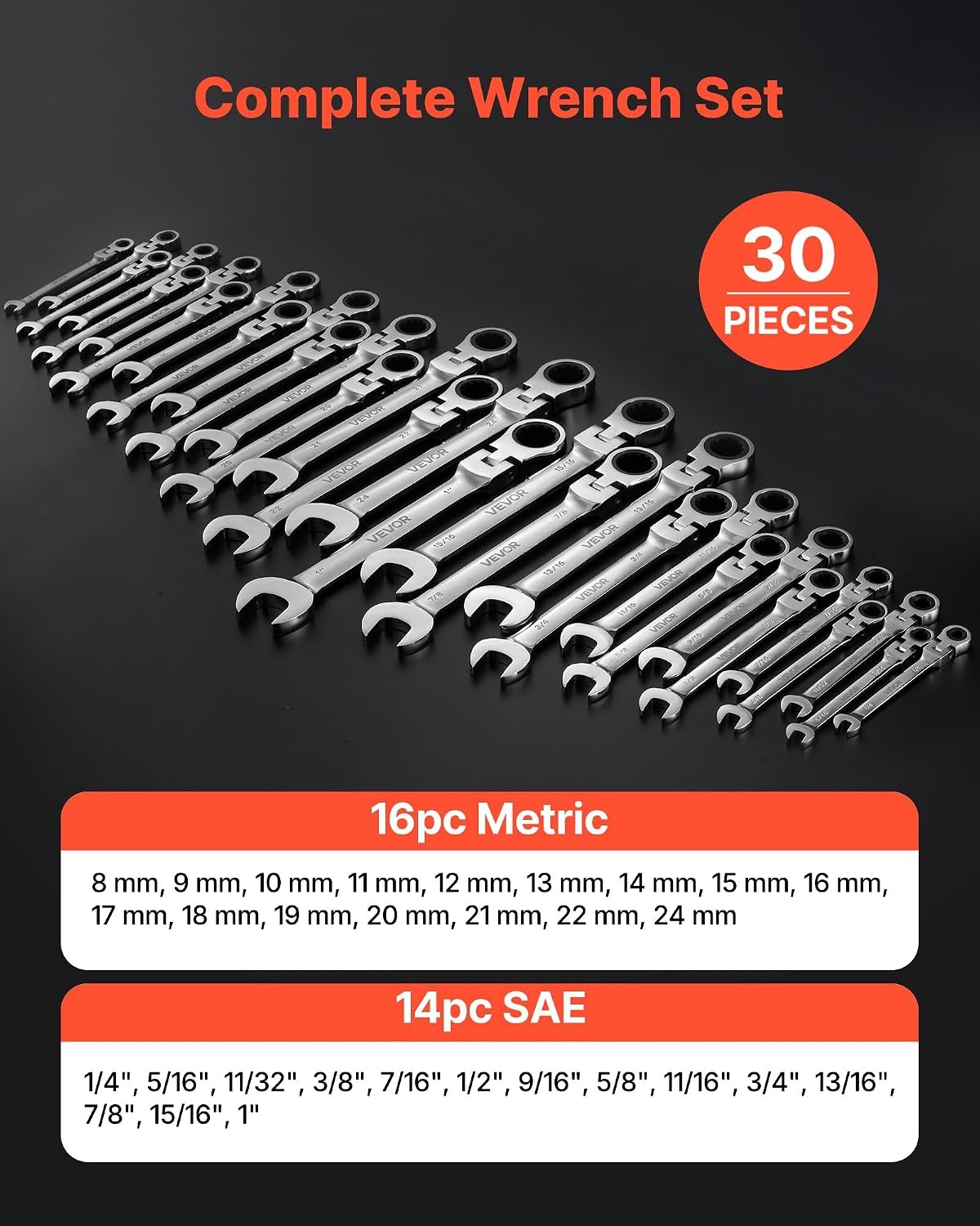 image:imageVEVOR Combination Wrench Set 44Piece SAE and Metric 12Point Box End and 15 Angled Open End Combination Wrenches with Roll Up Pouch Carbon Steel for General Household and Automotive RepairsFlexhead