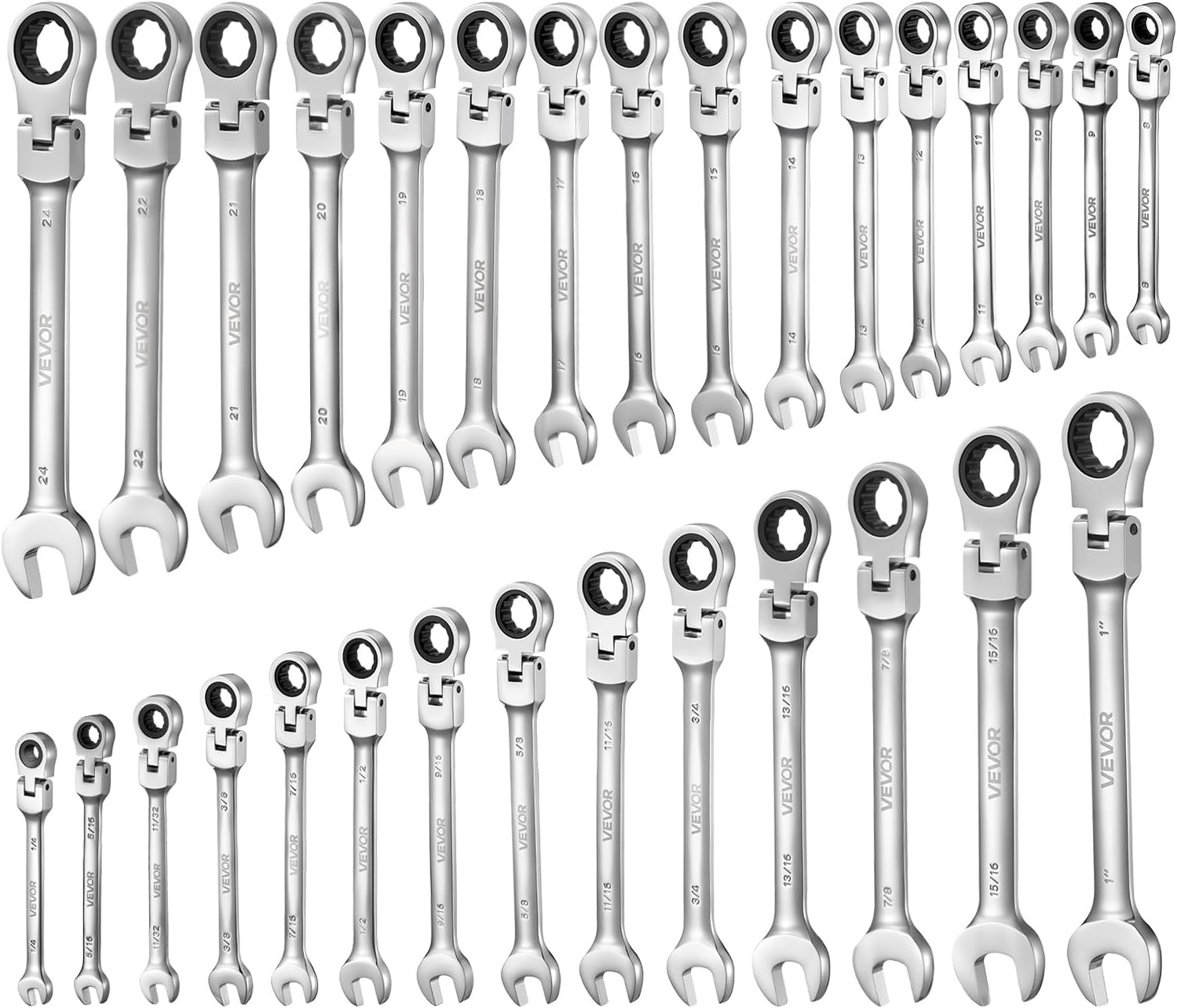 image:imageVEVOR Combination Wrench Set 44Piece SAE and Metric 12Point Box End and 15 Angled Open End Combination Wrenches with Roll Up Pouch Carbon Steel for General Household and Automotive RepairsFlexhead