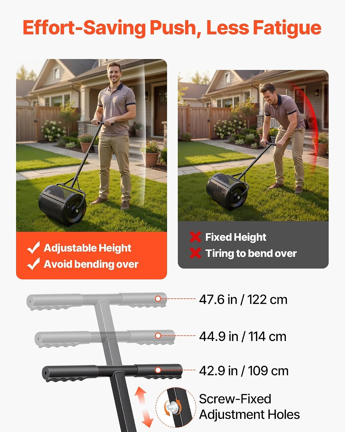 image:imageVEVOR Compost Spreader 36 Wide Peat Moss Spreader with PushTow Handle 4 Heights Adjustable PowderCoated Steel Garden Peat Moss Roller Heavy Duty Grass Seed Roller for Planting Seeding Black165in