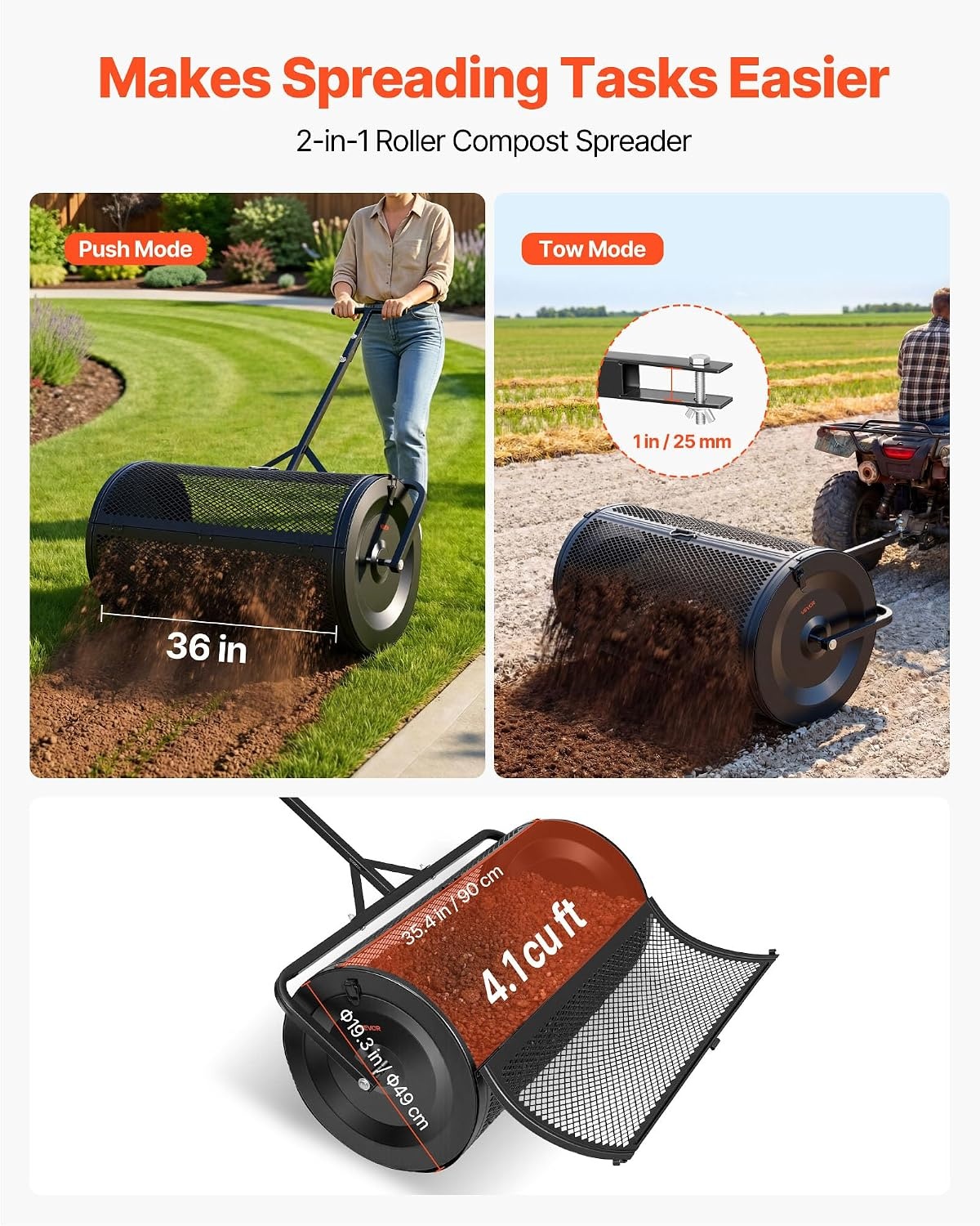 image:imageVEVOR Compost Spreader 36 Wide Peat Moss Spreader with PushTow Handle 4 Heights Adjustable PowderCoated Steel Garden Peat Moss Roller Heavy Duty Grass Seed Roller for Planting Seeding Black36in