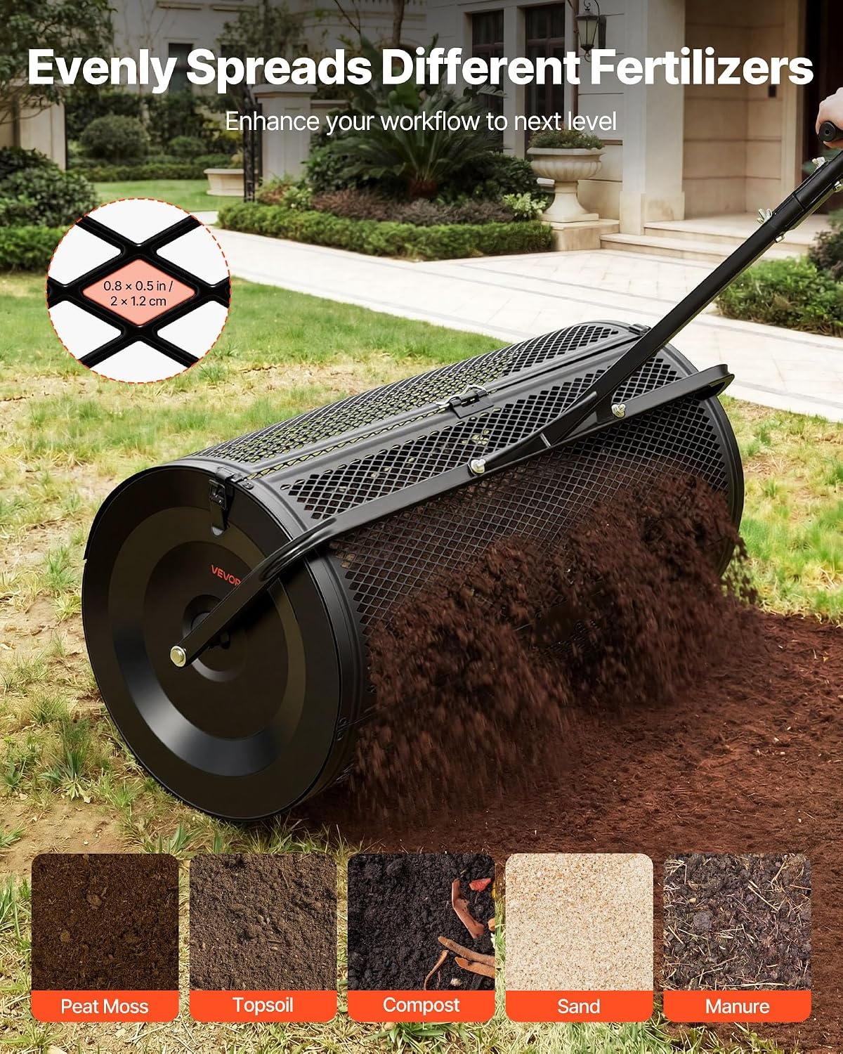 image:imageVEVOR Compost Spreader 36 Wide Peat Moss Spreader with PushTow Handle 4 Heights Adjustable PowderCoated Steel Garden Peat Moss Roller Heavy Duty Grass Seed Roller for Planting Seeding Black36in