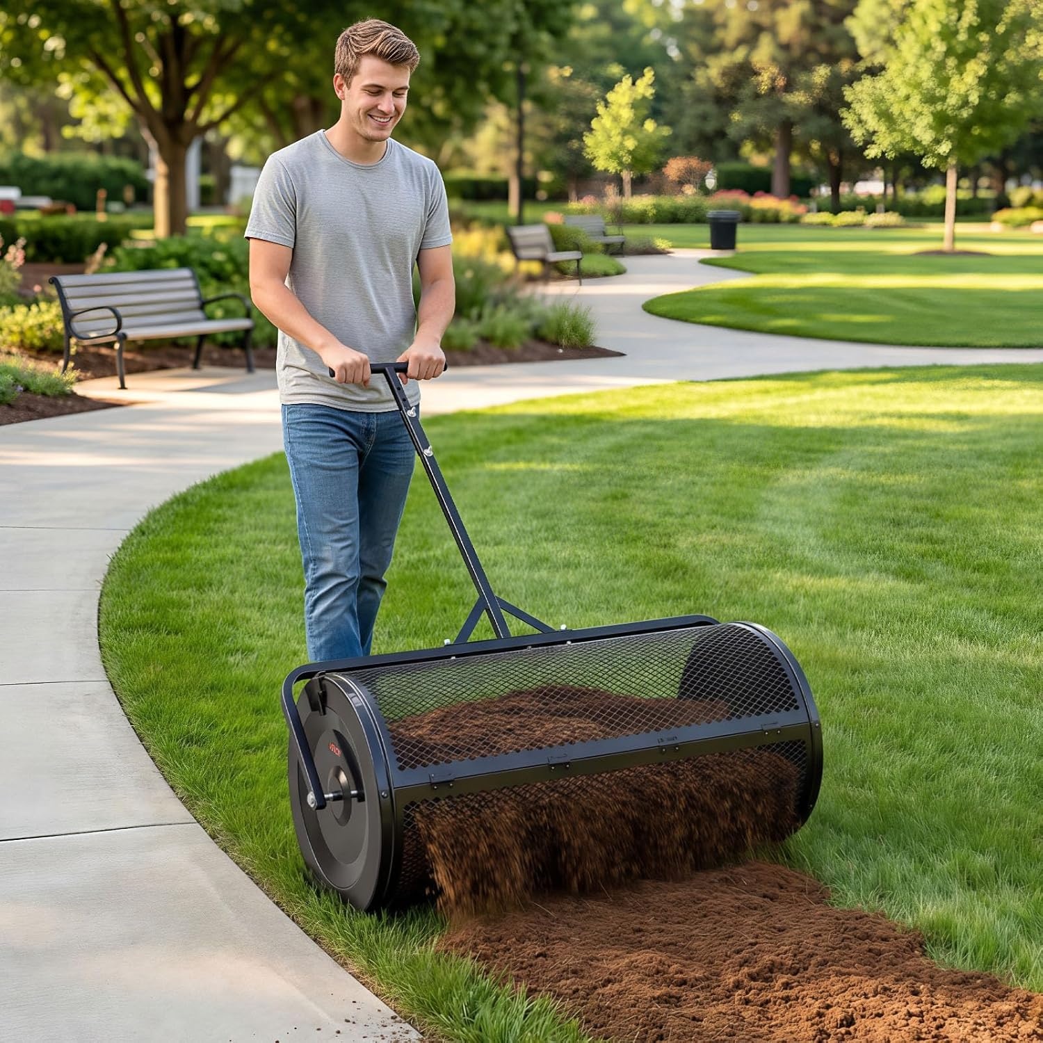 image:imageVEVOR Compost Spreader 36 Wide Peat Moss Spreader with PushTow Handle 4 Heights Adjustable PowderCoated Steel Garden Peat Moss Roller Heavy Duty Grass Seed Roller for Planting Seeding Black36in
