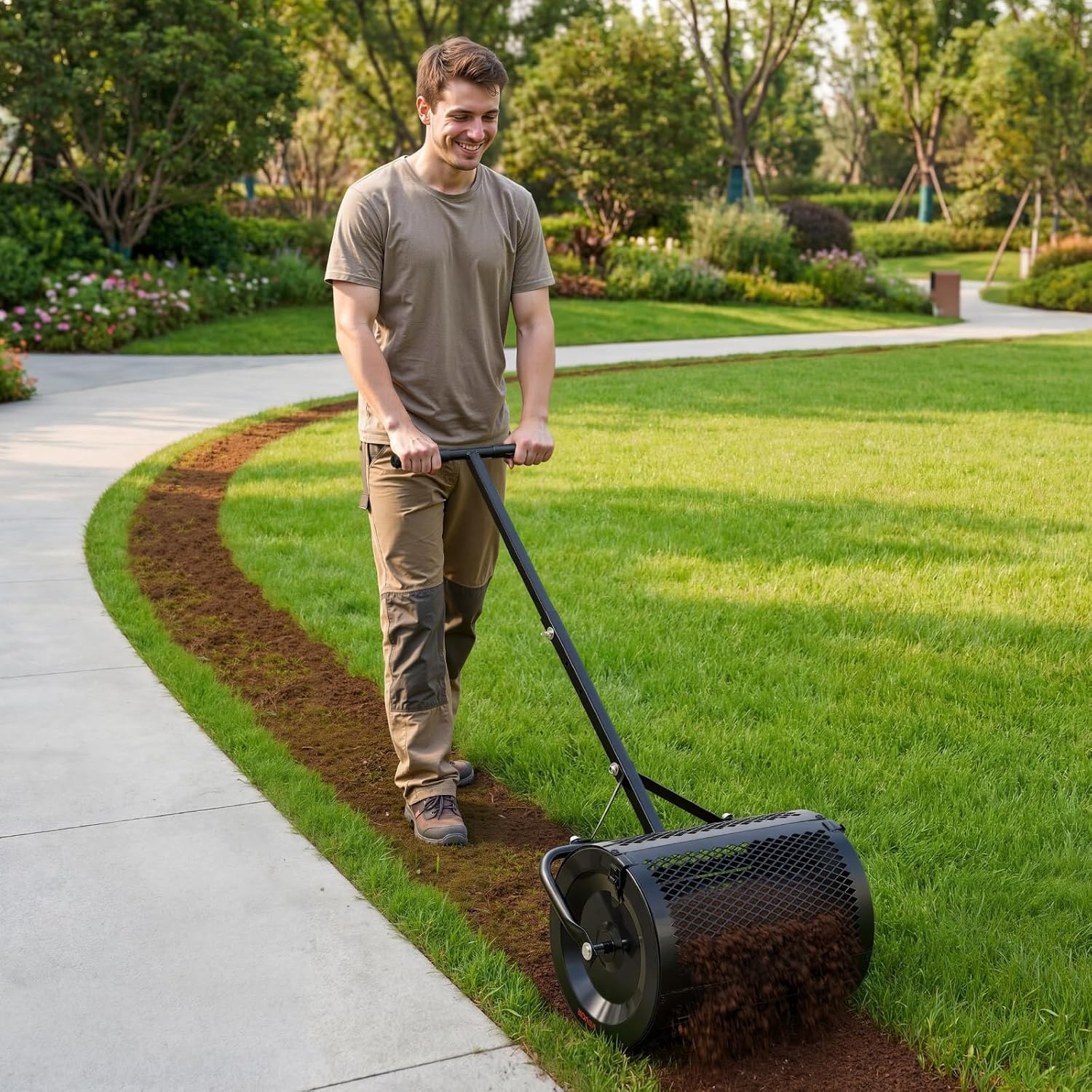 image:imageVEVOR Compost Spreader 36 Wide Peat Moss Spreader with PushTow Handle 4 Heights Adjustable PowderCoated Steel Garden Peat Moss Roller Heavy Duty Grass Seed Roller for Planting Seeding Black165in