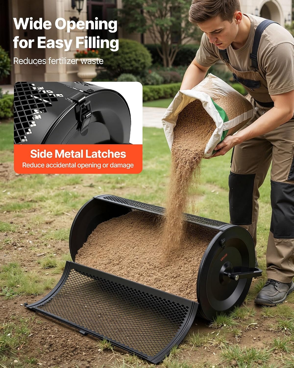 image:imageVEVOR Compost Spreader 36 Wide Peat Moss Spreader with PushTow Handle 4 Heights Adjustable PowderCoated Steel Garden Peat Moss Roller Heavy Duty Grass Seed Roller for Planting Seeding Black36in