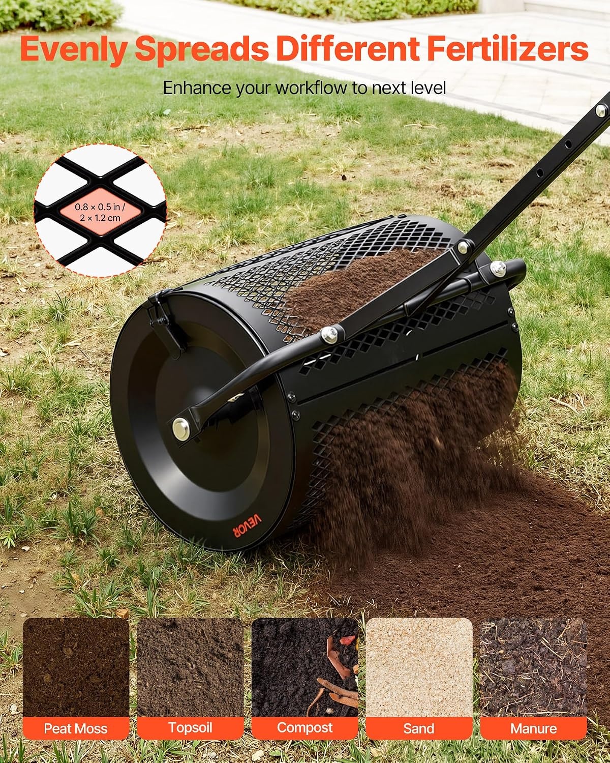 image:imageVEVOR Compost Spreader 36 Wide Peat Moss Spreader with PushTow Handle 4 Heights Adjustable PowderCoated Steel Garden Peat Moss Roller Heavy Duty Grass Seed Roller for Planting Seeding Black165in