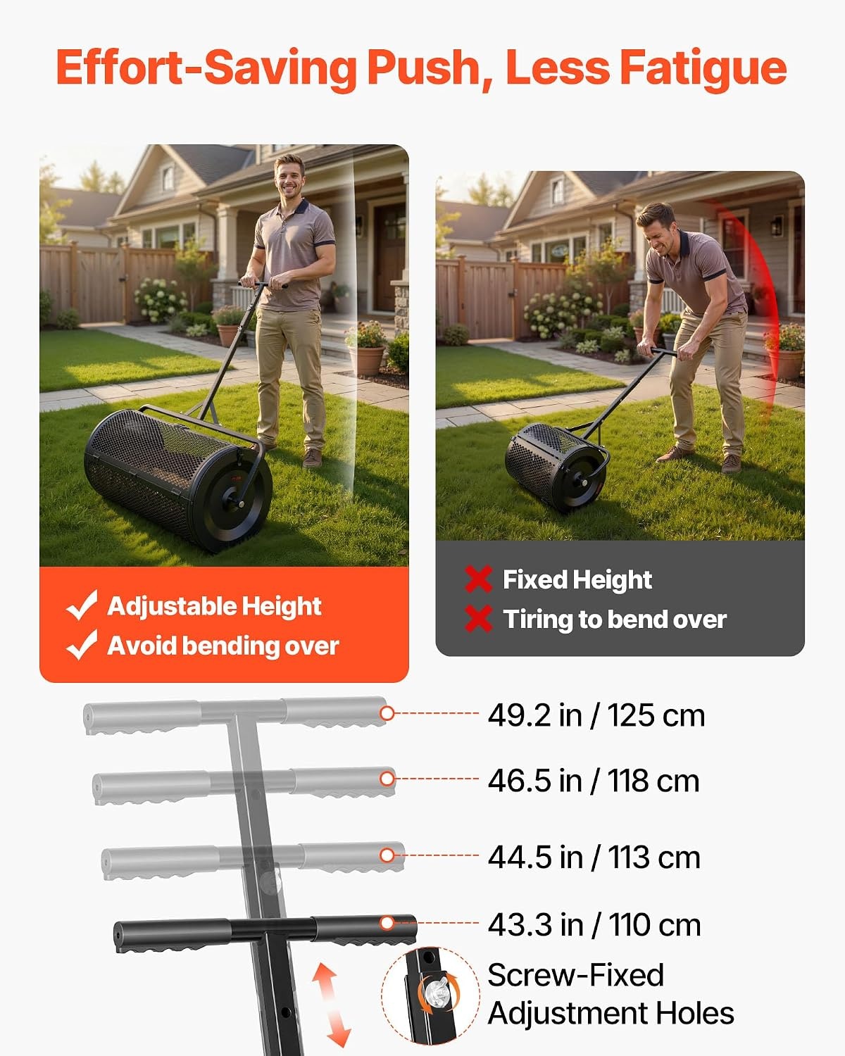 image:imageVEVOR Compost Spreader 36 Wide Peat Moss Spreader with PushTow Handle 4 Heights Adjustable PowderCoated Steel Garden Peat Moss Roller Heavy Duty Grass Seed Roller for Planting Seeding Black36in