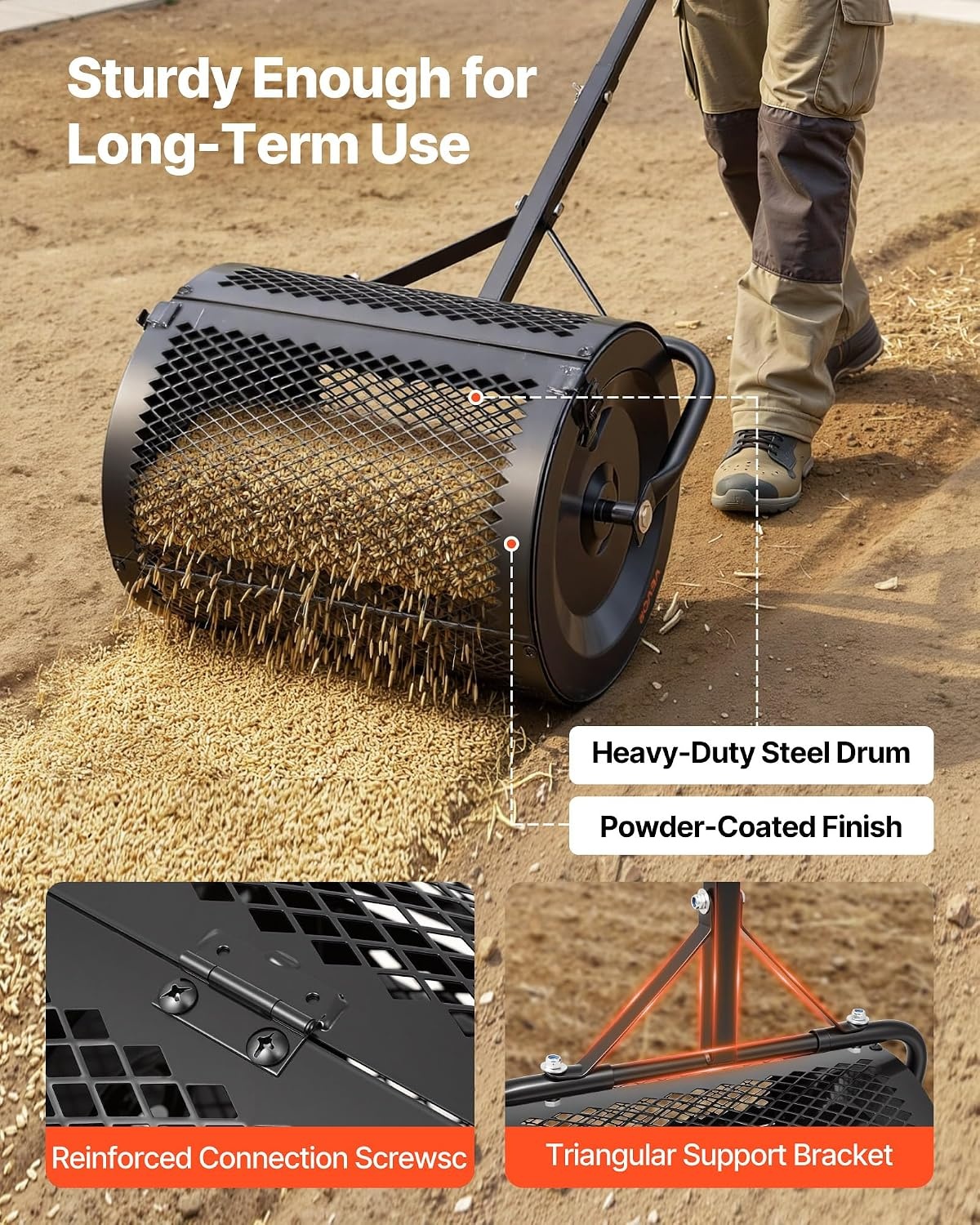 image:imageVEVOR Compost Spreader 36 Wide Peat Moss Spreader with PushTow Handle 4 Heights Adjustable PowderCoated Steel Garden Peat Moss Roller Heavy Duty Grass Seed Roller for Planting Seeding Black165in