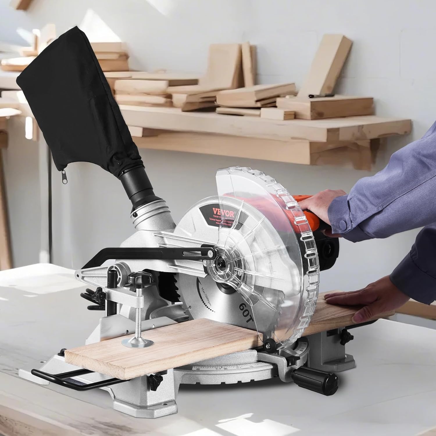 image:imageVEVOR Compound Miter Saw 10Inch Blade 15 Amp Motor 60Tooth Corded Single Bevel 045 LED Precision Alignment Angle Adjustable Lightweight Cast Aluminum Base for Wood Composite DeckingSingle Bevel10