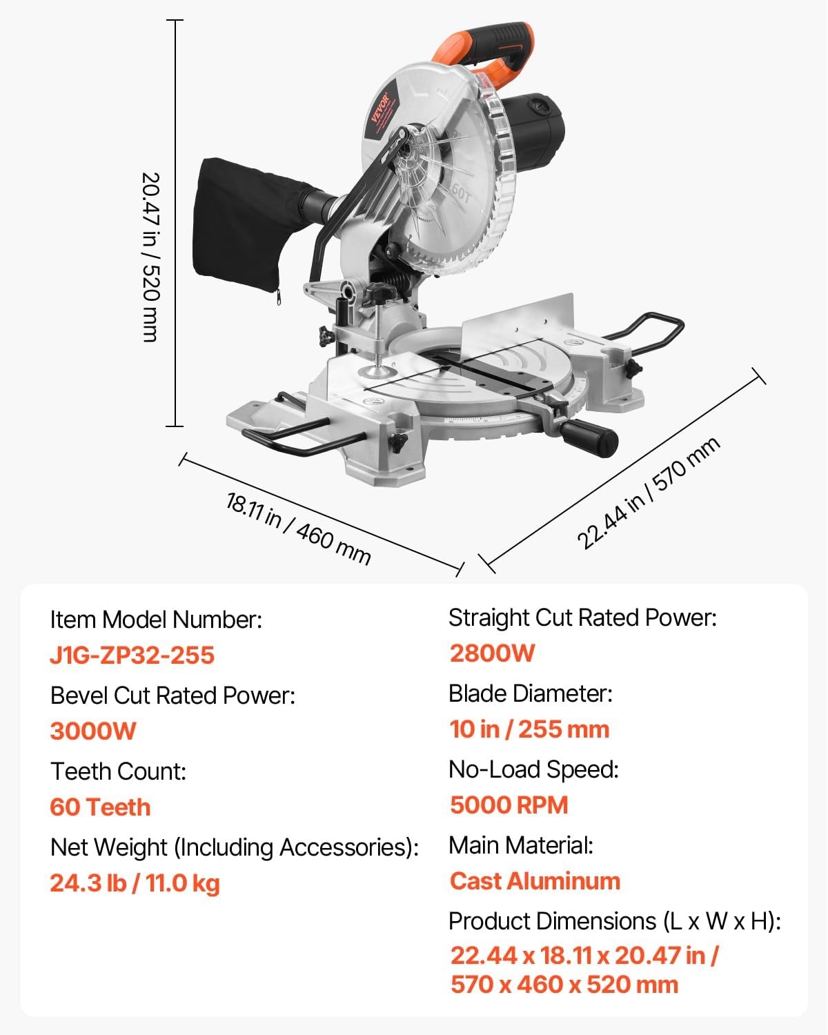 image:imageVEVOR Compound Miter Saw 10Inch Blade 15 Amp Motor 60Tooth Corded Single Bevel 045 LED Precision Alignment Angle Adjustable Lightweight Cast Aluminum Base for Wood Composite DeckingSingle Bevel10