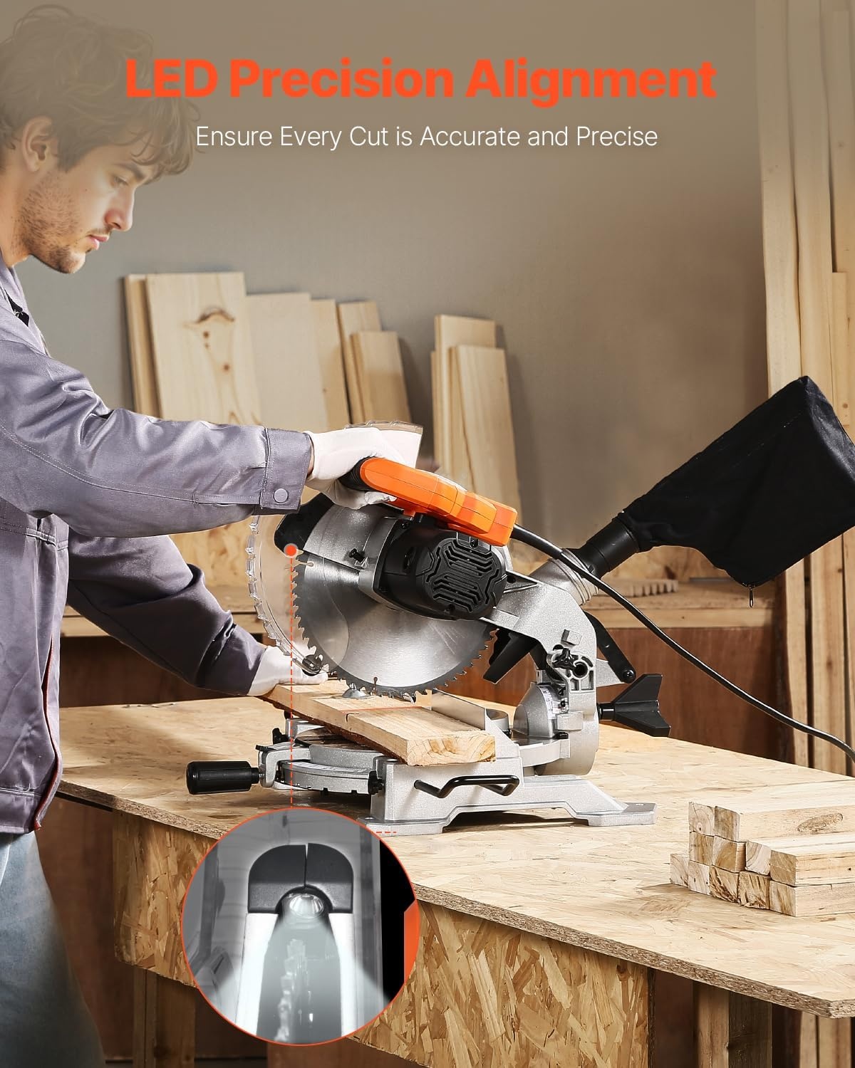 image:imageVEVOR Compound Miter Saw 10Inch Blade 15 Amp Motor 60Tooth Corded Single Bevel 045 LED Precision Alignment Angle Adjustable Lightweight Cast Aluminum Base for Wood Composite DeckingSingle Bevel10
