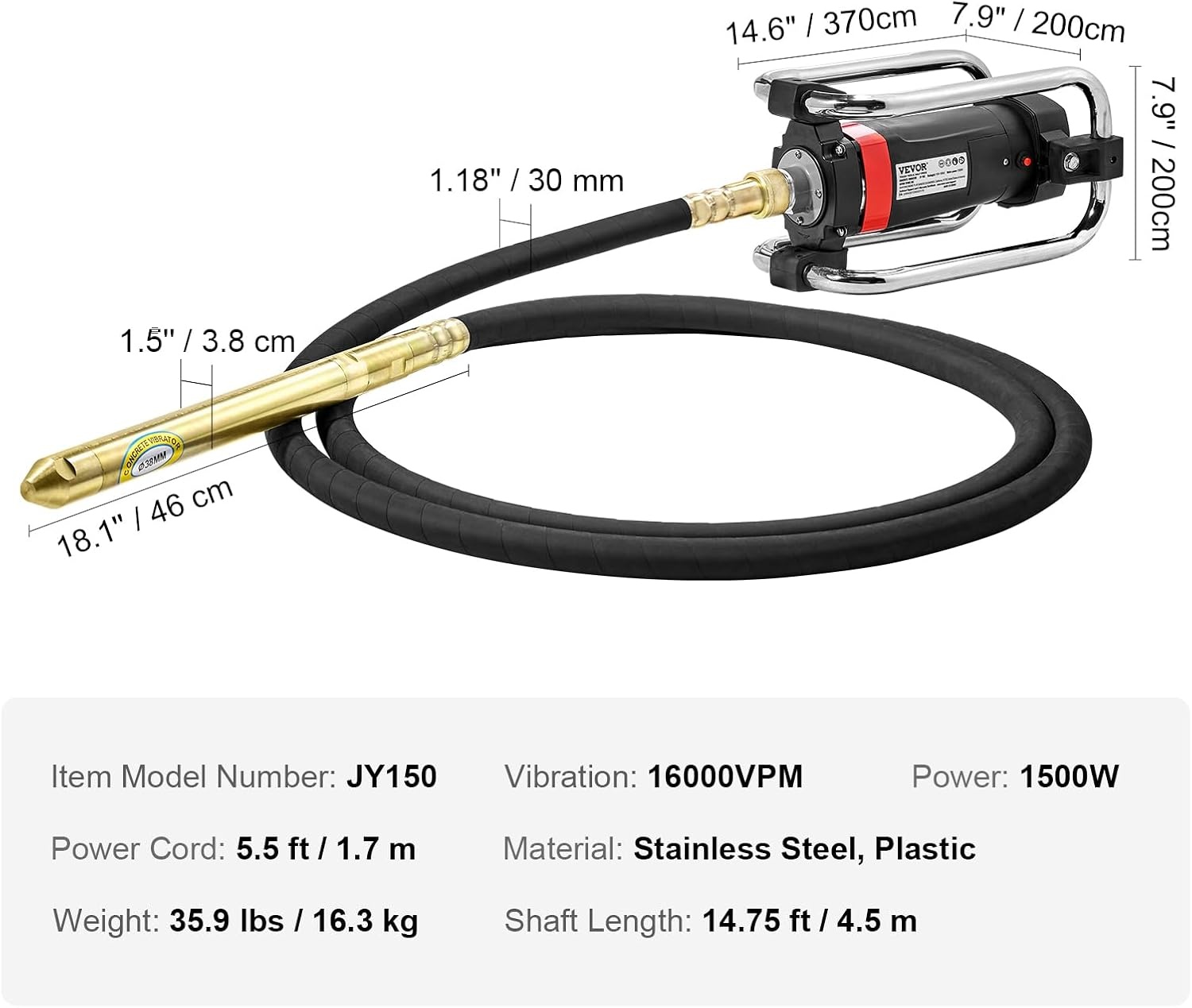 image:imageVEVOR Concrete Vibrator 1300W Power 16000 Vibrations Per Minute Durable 2HP Copper Engine Portable for Construction Comes with 1475ft Shaft Ideal for Removing Air Pockets amp SmoothingShaft new version