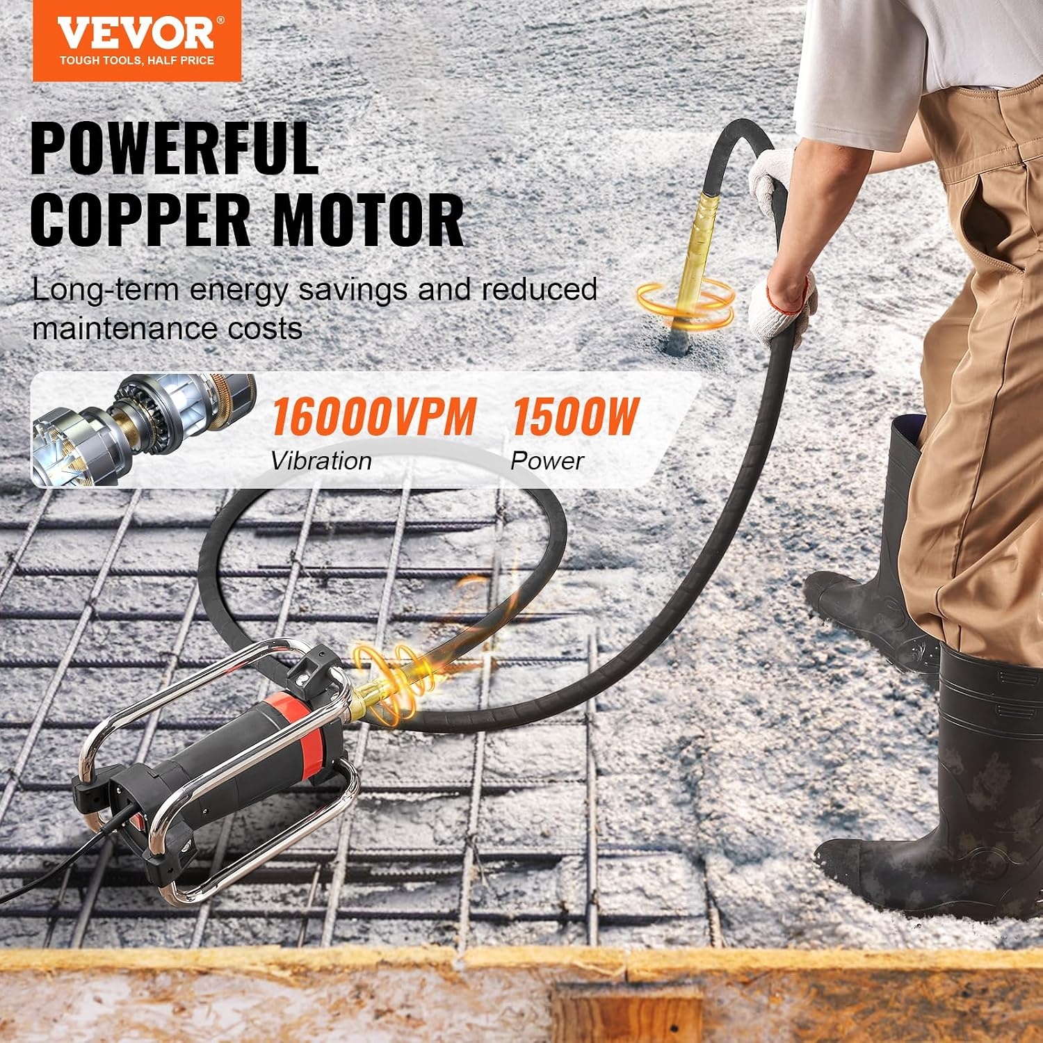 image:imageVEVOR Concrete Vibrator 1300W Power 16000 Vibrations Per Minute Durable 2HP Copper Engine Portable for Construction Comes with 1475ft Shaft Ideal for Removing Air Pockets amp SmoothingShaft new version