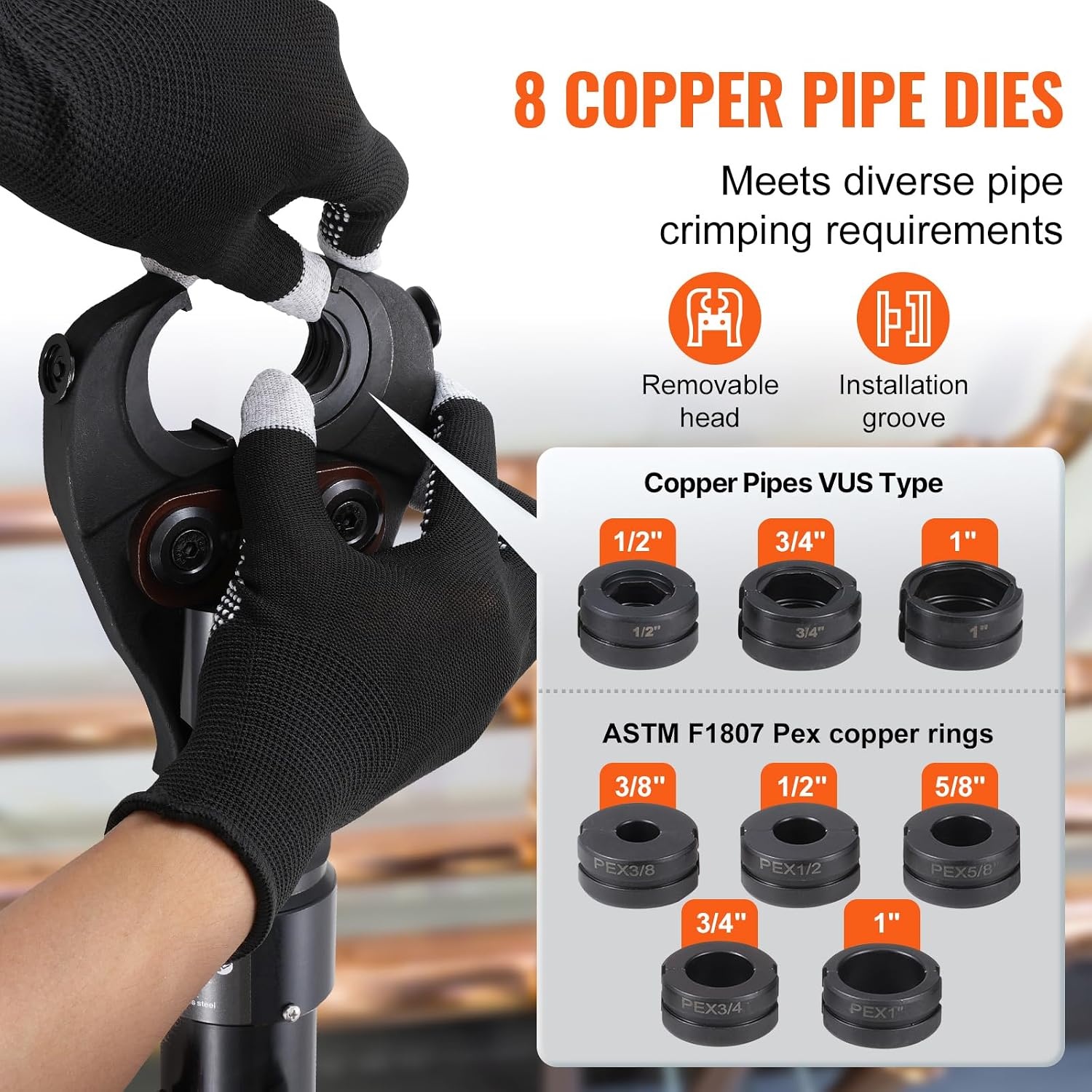 image:imageVEVOR Copper Pipe Crimping Tool Hydraulic Driven Press Tool with 12 34 1 VUS Jaws Copper Tube Fittings Pipe Crimpers for Narrow Spaces and Tee FittingsStraight