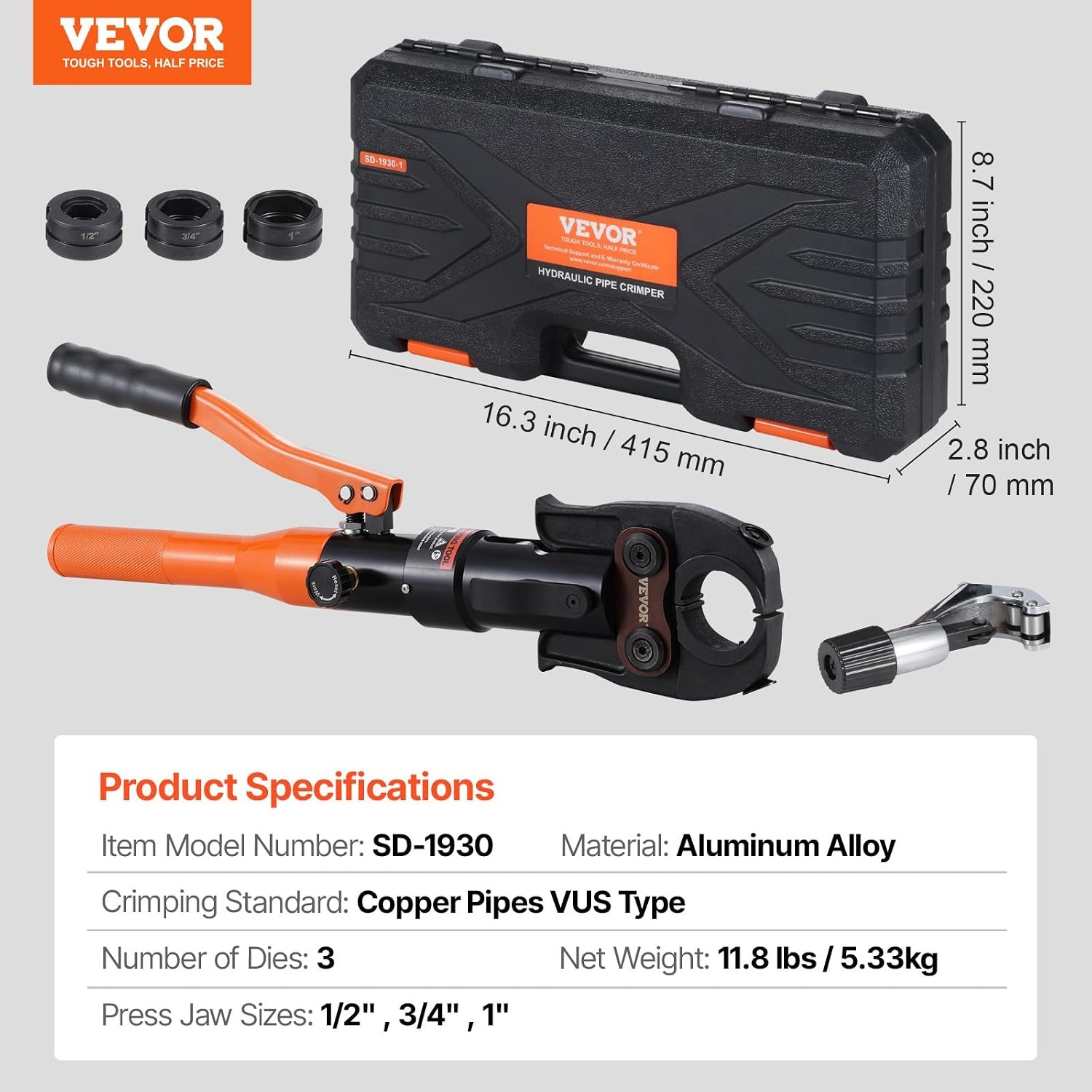 image:imageVEVOR Copper Pipe Crimping Tool Hydraulic Driven Press Tool with 12 34 1 VUS Jaws Copper Tube Fittings Pipe Crimpers for Narrow Spaces and Tee FittingsRectangular