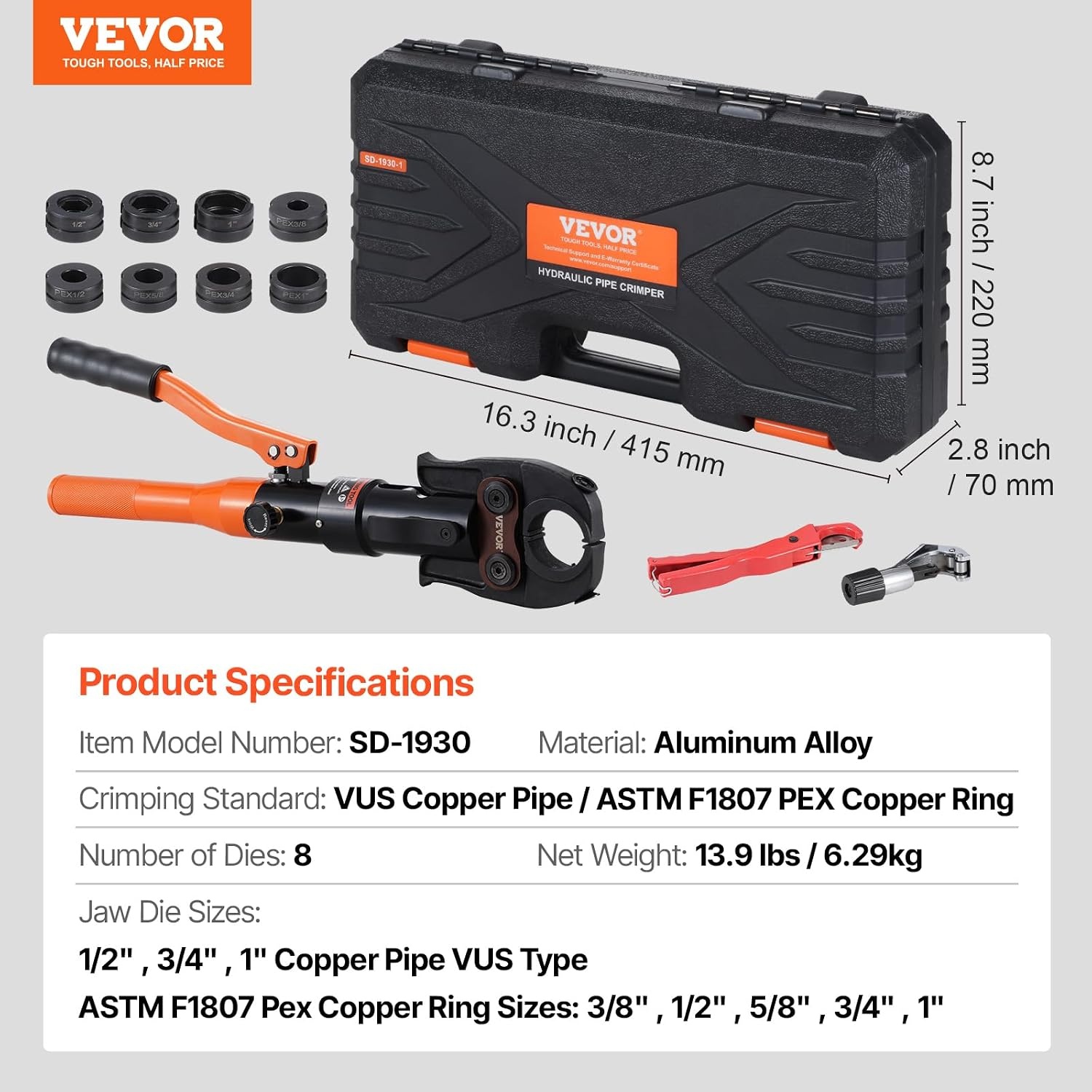 image:imageVEVOR Copper Pipe Crimping Tool Hydraulic Driven Press Tool with 12 34 1 VUS Jaws Copper Tube Fittings Pipe Crimpers for Narrow Spaces and Tee FittingsStraight