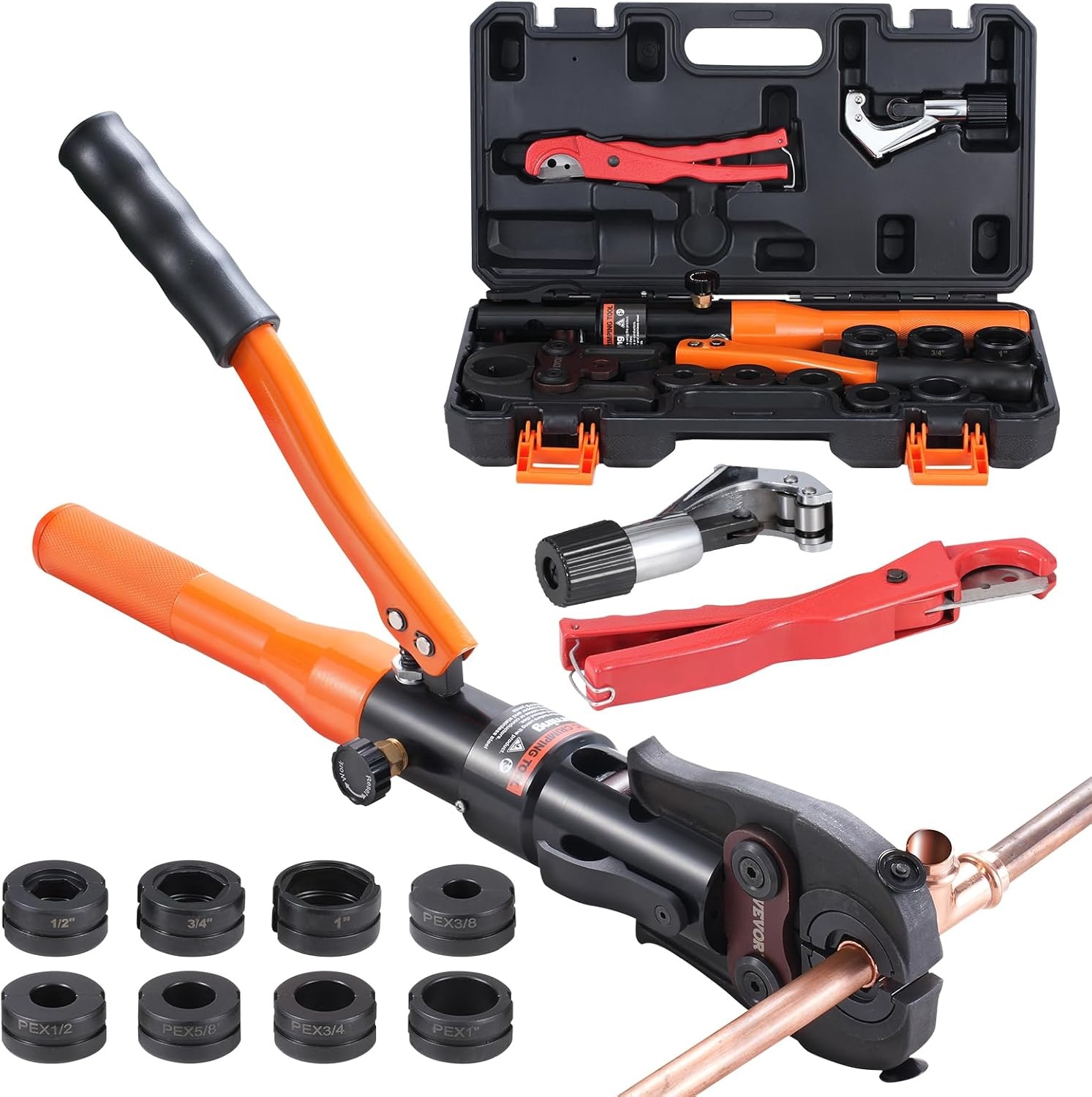 image:imageVEVOR Copper Pipe Crimping Tool Hydraulic Driven Press Tool with 12 34 1 VUS Jaws Copper Tube Fittings Pipe Crimpers for Narrow Spaces and Tee FittingsStraight