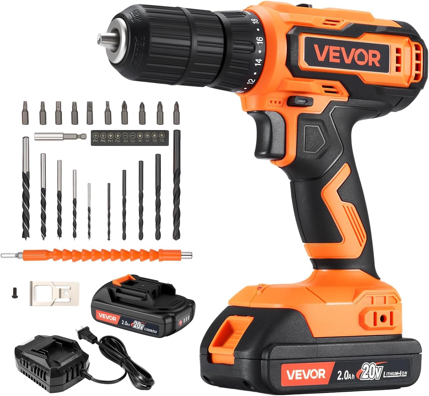 image:imageVEVOR Cordless Drill Driver 5In1 Metal Chuck DualSpeed Variable Drill Driver Kit with 2 Lithium Batteries and Charger Tool Box for Wood and Metal Drilling Screw Tightening or LooseningOrange