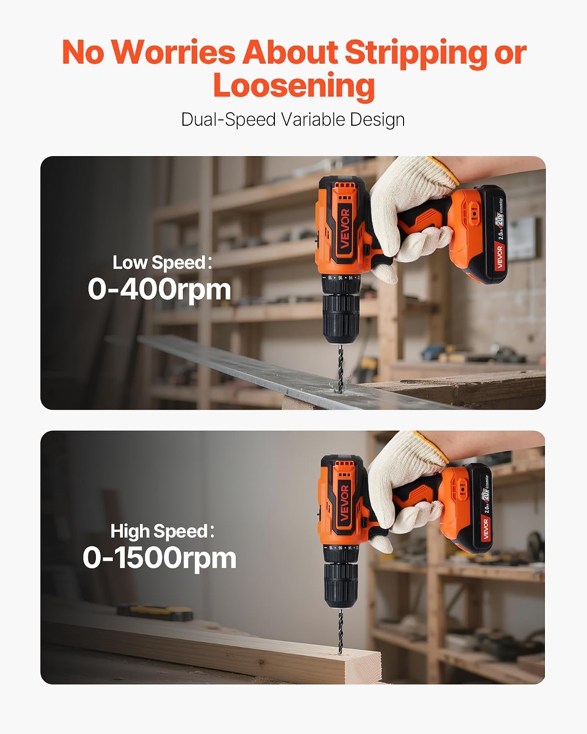 image:imageVEVOR Cordless Drill Driver 5In1 Metal Chuck DualSpeed Variable Drill Driver Kit with 2 Lithium Batteries and Charger Tool Box for Wood and Metal Drilling Screw Tightening or LooseningOrange