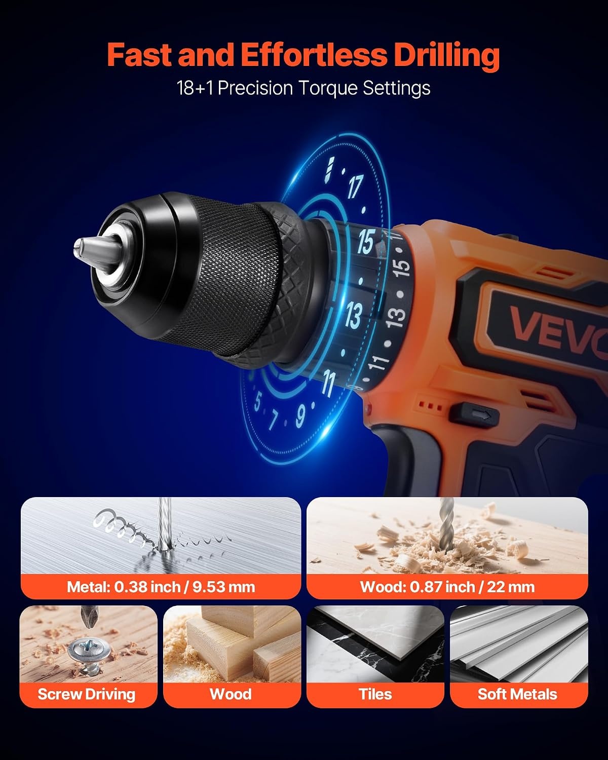 image:imageVEVOR Cordless Drill Driver 5In1 Metal Chuck DualSpeed Variable Drill Driver Kit with 2 Lithium Batteries and Charger Tool Box for Wood and Metal Drilling Screw Tightening or LooseningOrange
