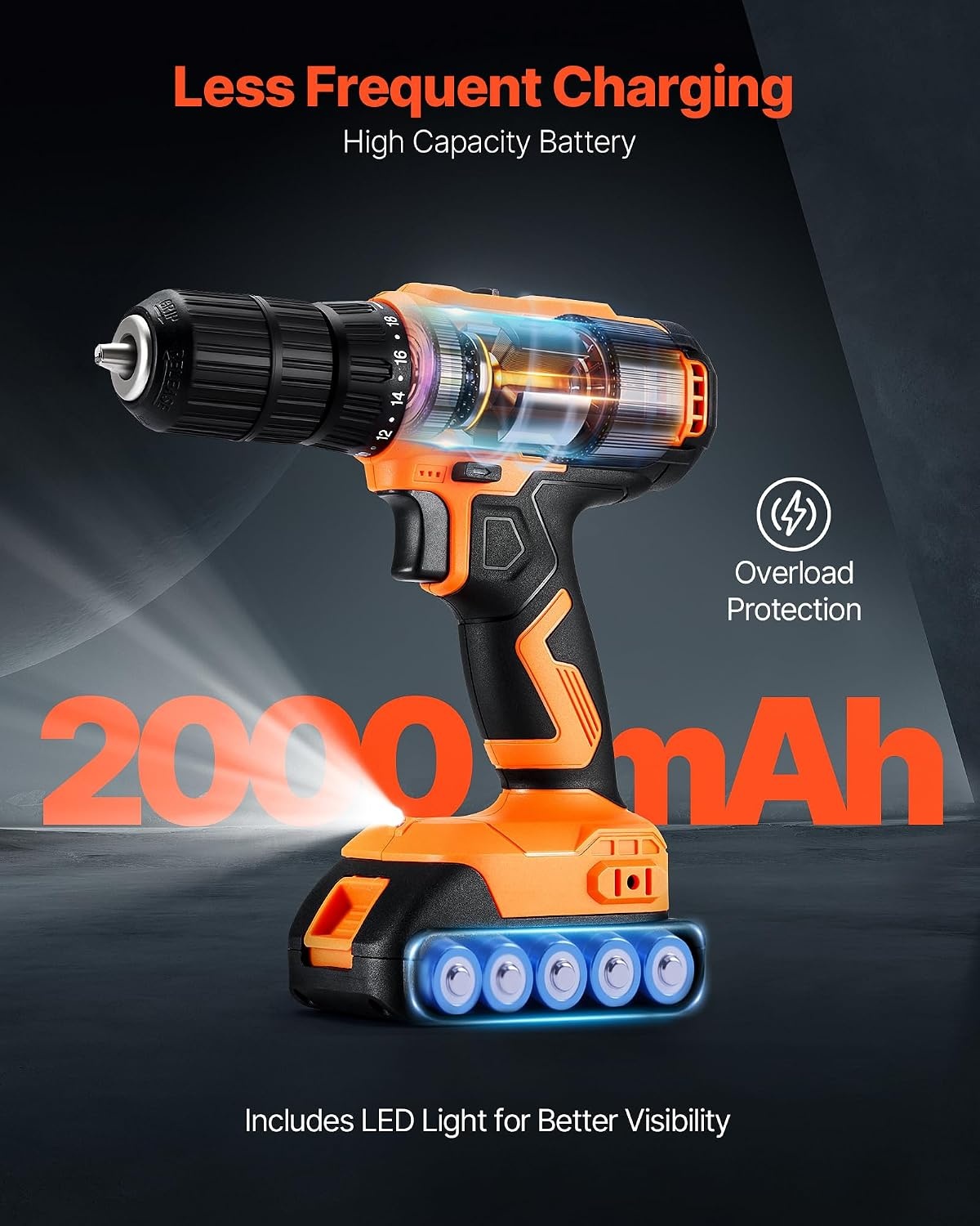 image:imageVEVOR Cordless Drill Driver 5In1 Metal Chuck DualSpeed Variable Drill Driver Kit with 2 Lithium Batteries and Charger Tool Box for Wood and Metal Drilling Screw Tightening or LooseningOrange