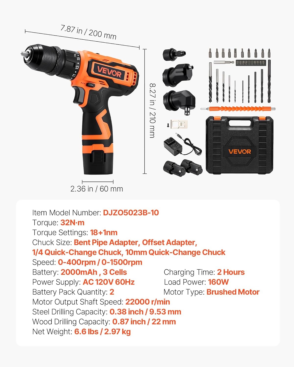 image:imageVEVOR Cordless Drill Driver 5In1 Metal Chuck DualSpeed Variable Drill Driver Kit with 2 Lithium Batteries and Charger Tool Box for Wood and Metal Drilling Screw Tightening or LooseningOrange