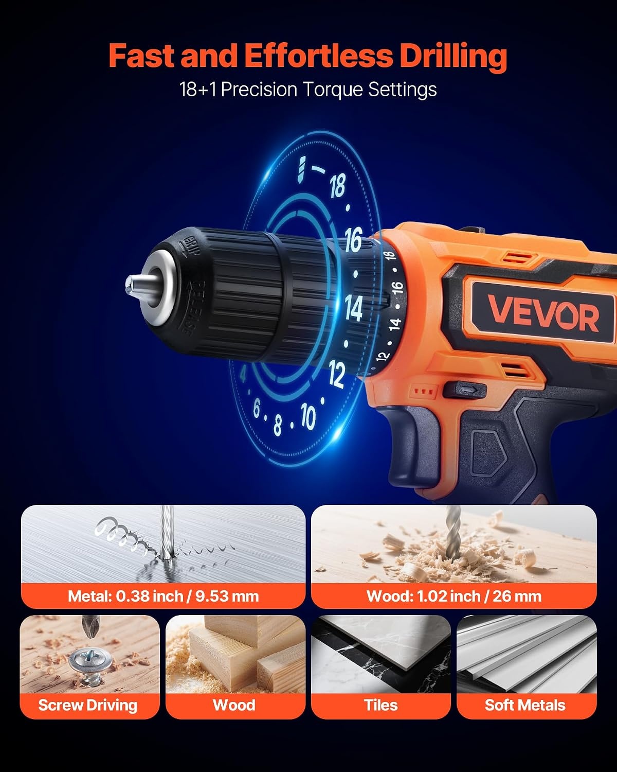image:imageVEVOR Cordless Drill Driver 5In1 Metal Chuck DualSpeed Variable Drill Driver Kit with 2 Lithium Batteries and Charger Tool Box for Wood and Metal Drilling Screw Tightening or LooseningOrange