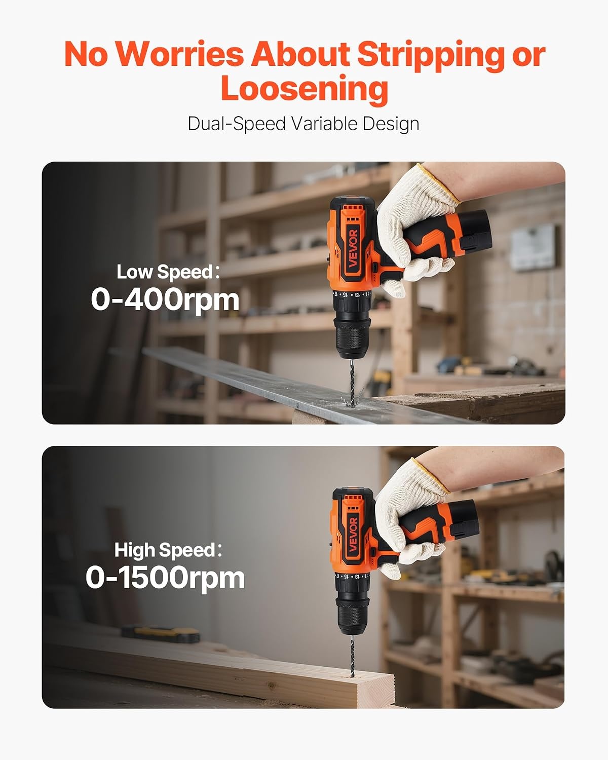 image:imageVEVOR Cordless Drill Driver 5In1 Metal Chuck DualSpeed Variable Drill Driver Kit with 2 Lithium Batteries and Charger Tool Box for Wood and Metal Drilling Screw Tightening or LooseningOrange