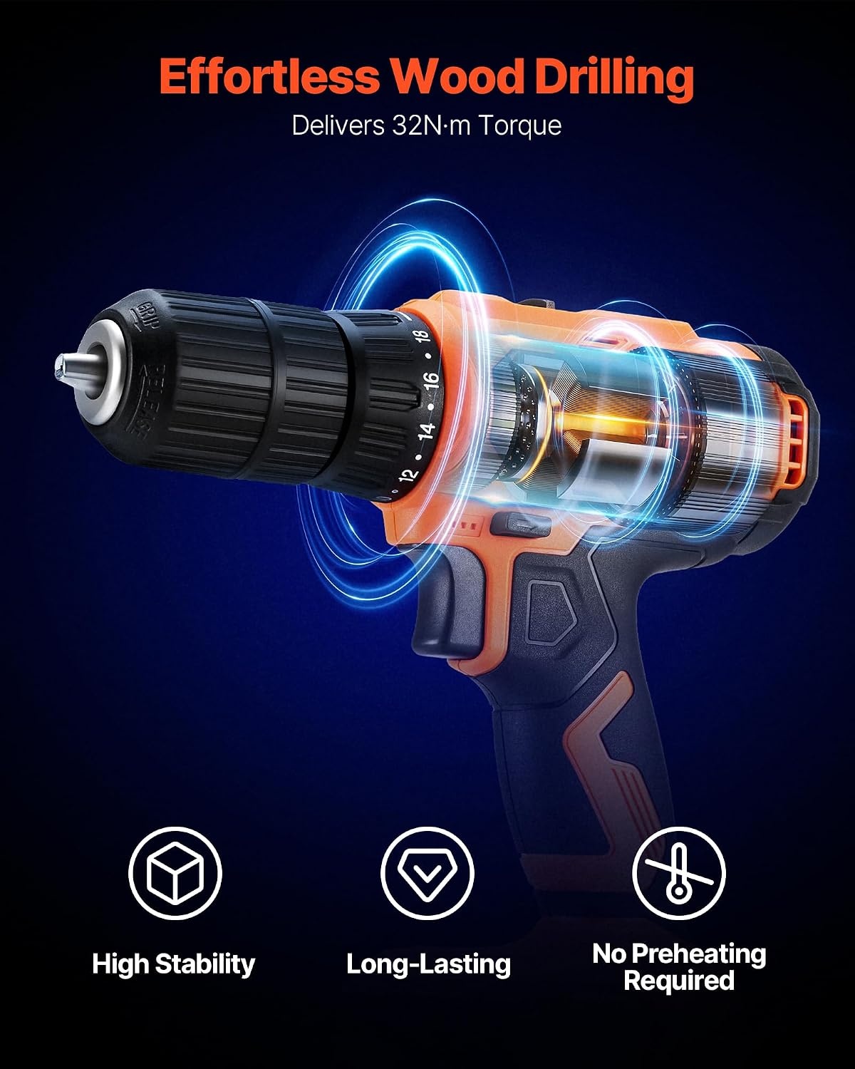 image:imageVEVOR Cordless Drill Driver 5In1 Metal Chuck DualSpeed Variable Drill Driver Kit with 2 Lithium Batteries and Charger Tool Box for Wood and Metal Drilling Screw Tightening or LooseningOrange
