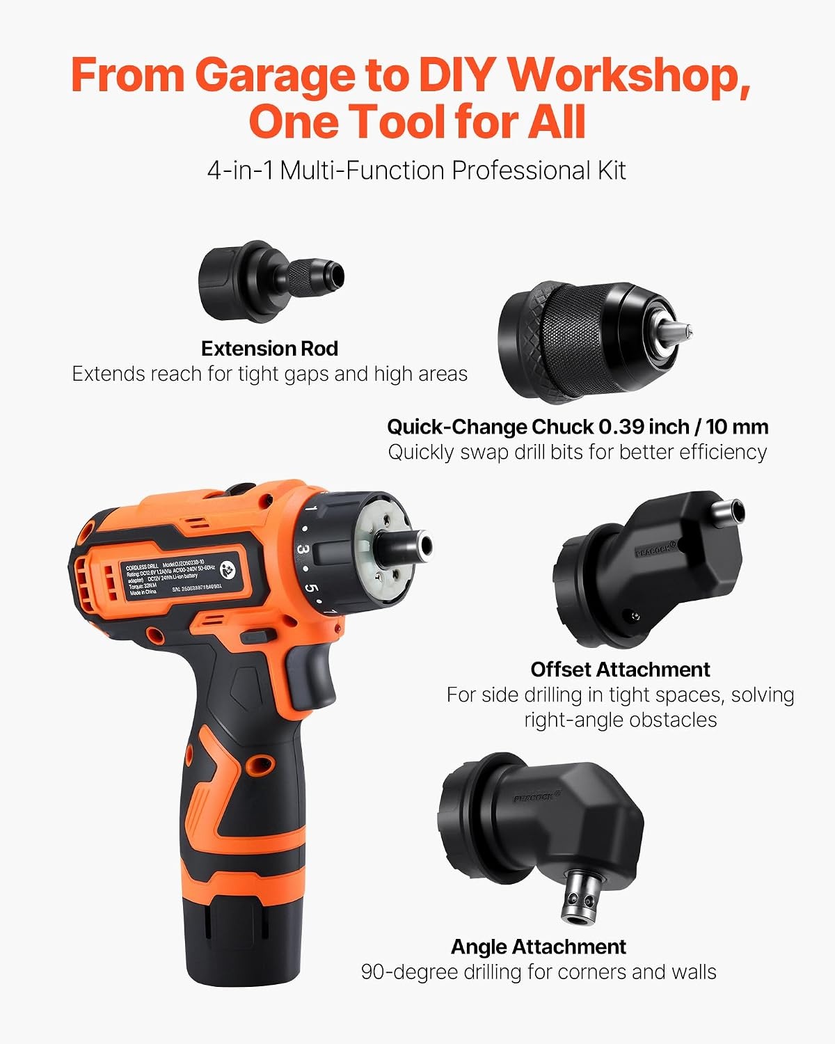 image:imageVEVOR Cordless Drill Driver 5In1 Metal Chuck DualSpeed Variable Drill Driver Kit with 2 Lithium Batteries and Charger Tool Box for Wood and Metal Drilling Screw Tightening or LooseningOrange