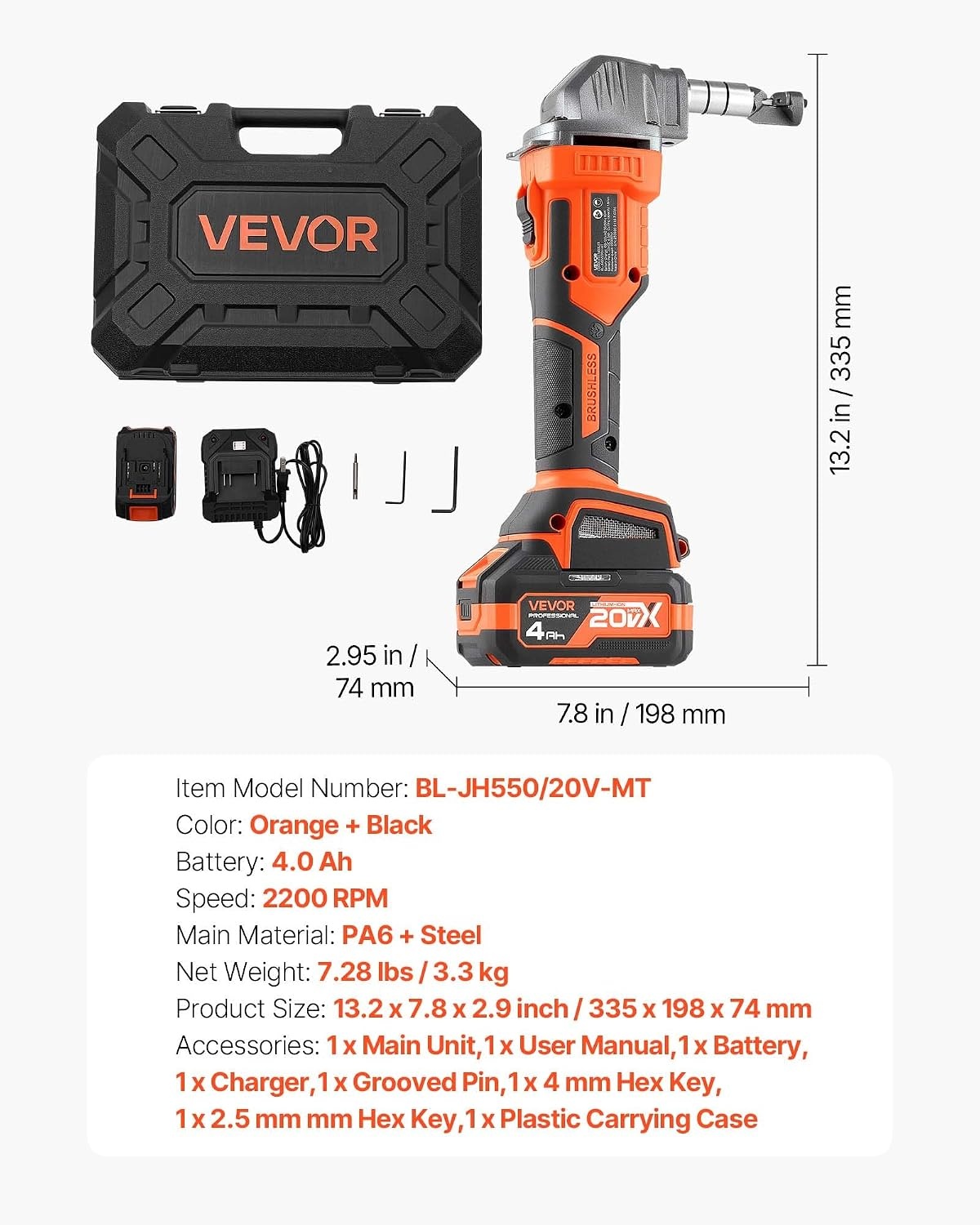 image:imageVEVOR Cordless Metal Nibbler with 18 V 2000 mAh Battery 1200 RPM Brushless Motor Electric Nibbler Metal Cutter with Plastic Carrying Case for Cutting Stainless Steel Aluminum and Copper Sheet006in16mm 20V 2200RPM