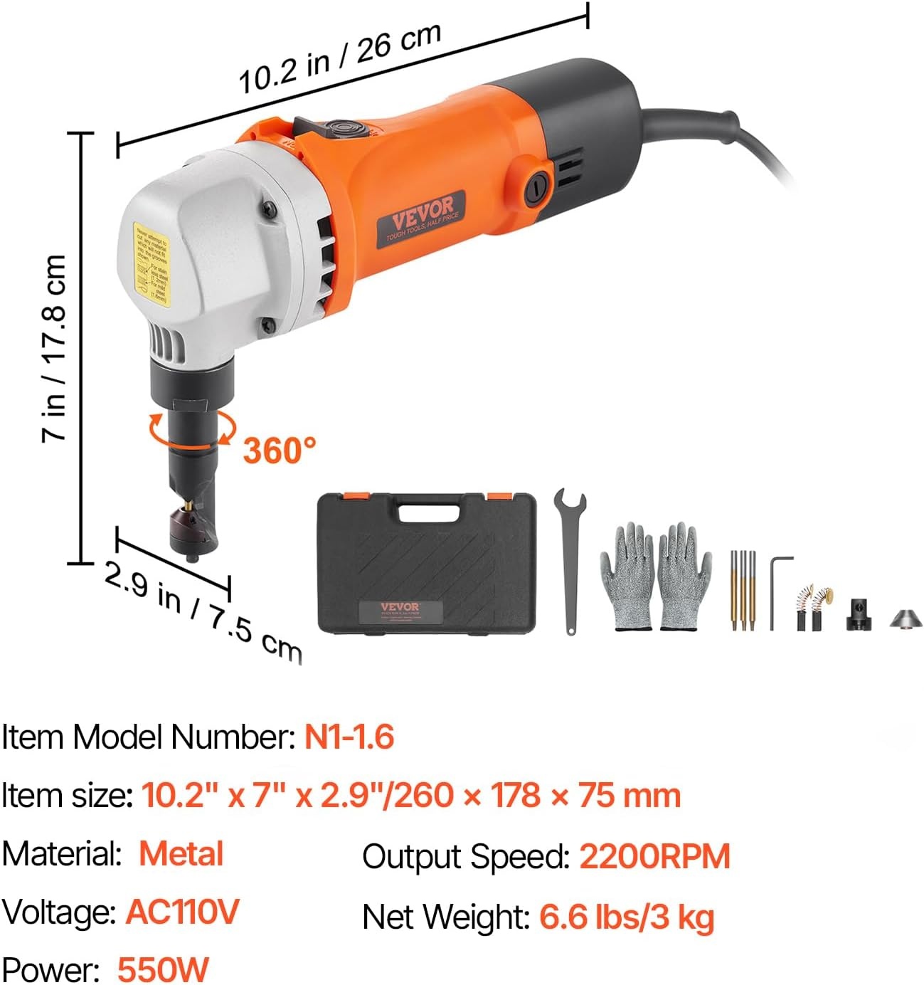 image:imageVEVOR Cordless Metal Nibbler with 18 V 2000 mAh Battery 1200 RPM Brushless Motor Electric Nibbler Metal Cutter with Plastic Carrying Case for Cutting Stainless Steel Aluminum and Copper Sheet006in16mm 550W 2200RPM