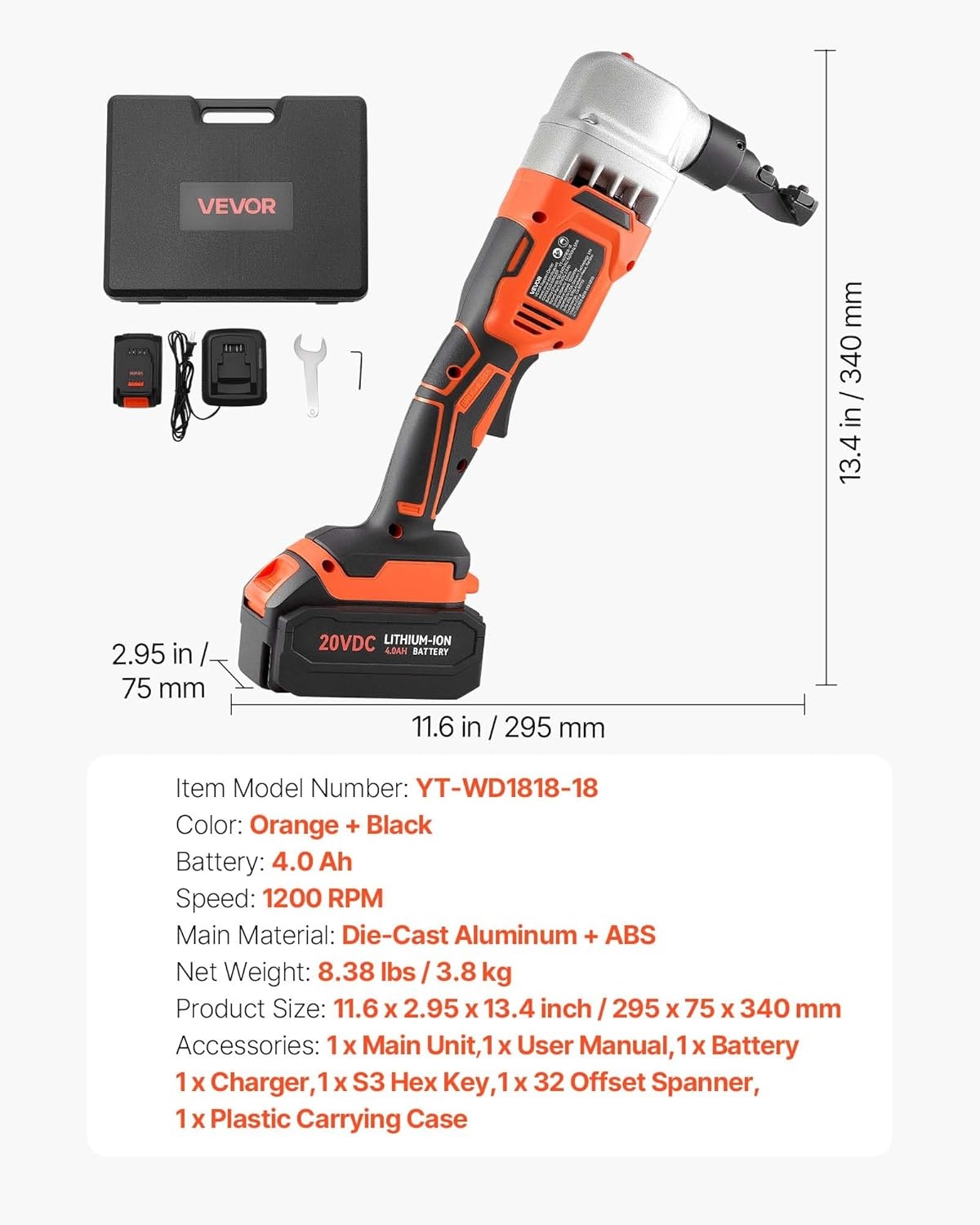 image:imageVEVOR Cordless Metal Nibbler with 18 V 2000 mAh Battery 1200 RPM Brushless Motor Electric Nibbler Metal Cutter with Plastic Carrying Case for Cutting Stainless Steel Aluminum and Copper Sheet007in18mm 18V 1200RPM