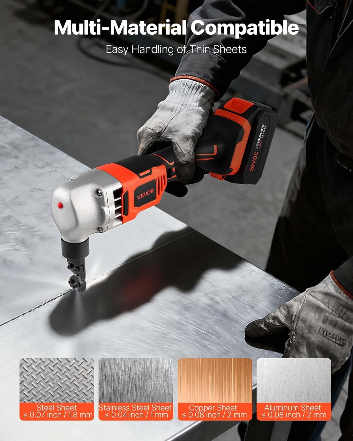 image:imageVEVOR Cordless Metal Nibbler with 18 V 2000 mAh Battery 1200 RPM Brushless Motor Electric Nibbler Metal Cutter with Plastic Carrying Case for Cutting Stainless Steel Aluminum and Copper Sheet007in18mm 18V 1200RPM