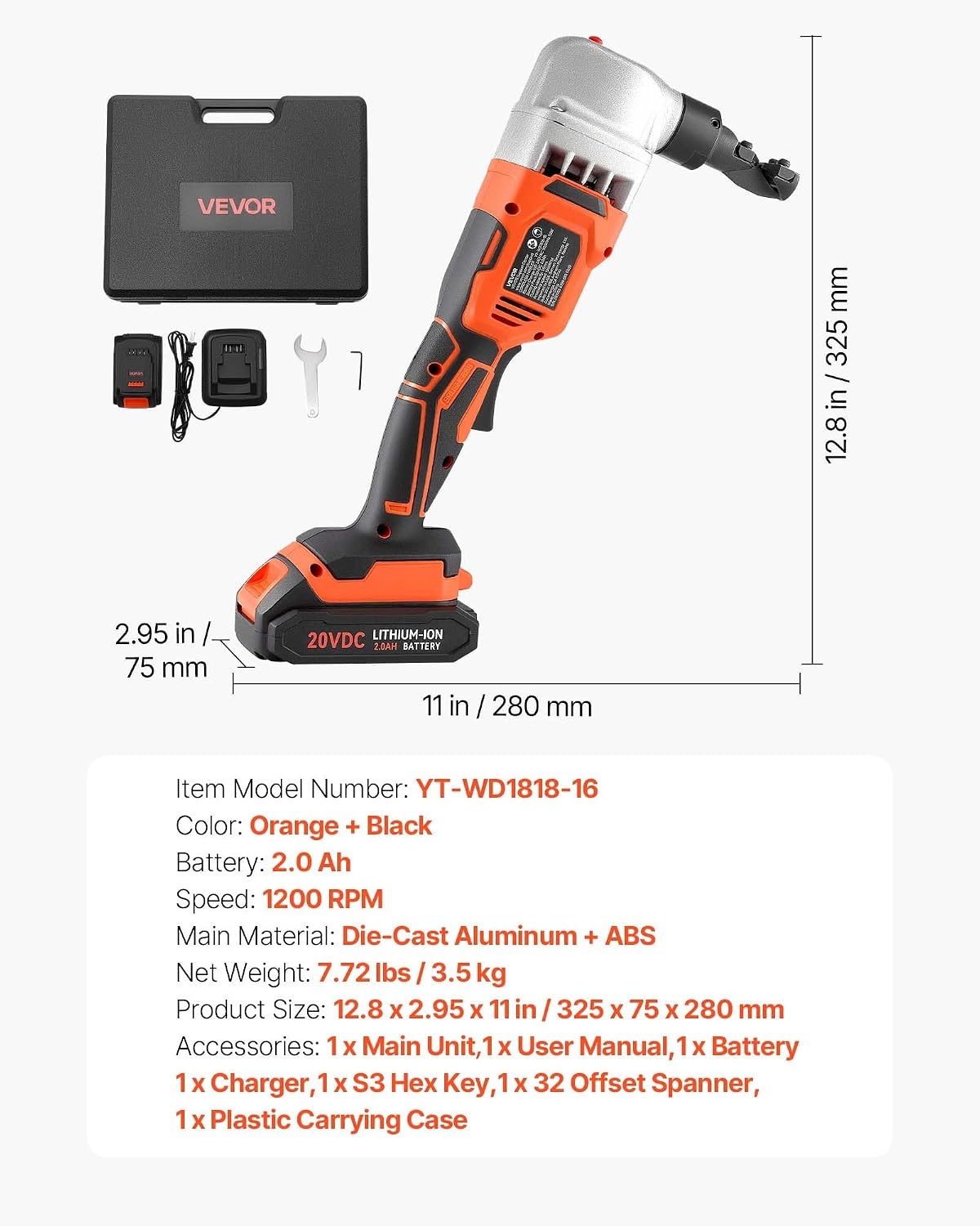 image:imageVEVOR Cordless Metal Nibbler with 18 V 2000 mAh Battery 1200 RPM Brushless Motor Electric Nibbler Metal Cutter with Plastic Carrying Case for Cutting Stainless Steel Aluminum and Copper Sheet006in16mm 18V 1200RPM