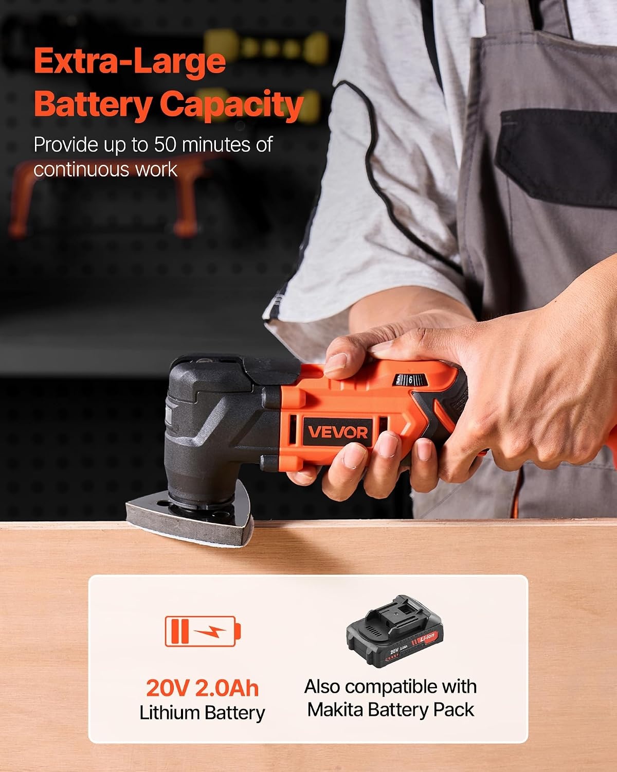 image:imageVEVOR Cordless Oscillating Tool 20V Multitool Oscillating Tool with 6 Variable Speeds 850017000 OPM 32 Oscillating Angle 8PCS Saw Accessories amp LED Work Light Battery Pack Not Included20VB
