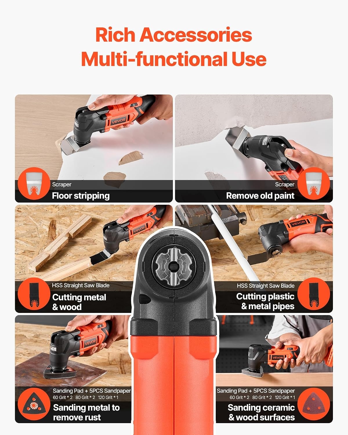 image:imageVEVOR Cordless Oscillating Tool 20V Multitool Oscillating Tool with 6 Variable Speeds 850017000 OPM 32 Oscillating Angle 8PCS Saw Accessories amp LED Work Light Battery Pack Not Included20VA