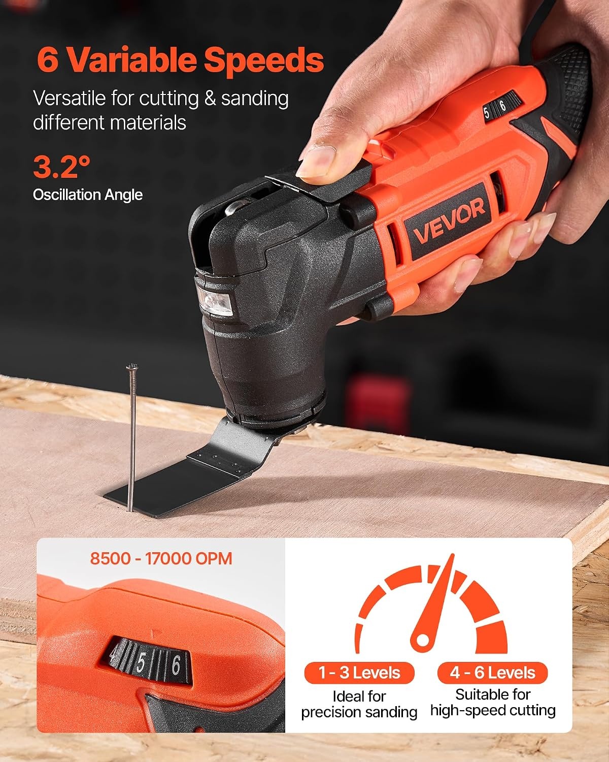 image:imageVEVOR Cordless Oscillating Tool 20V Multitool Oscillating Tool with 6 Variable Speeds 850017000 OPM 32 Oscillating Angle 8PCS Saw Accessories amp LED Work Light Battery Pack Not Included20VB
