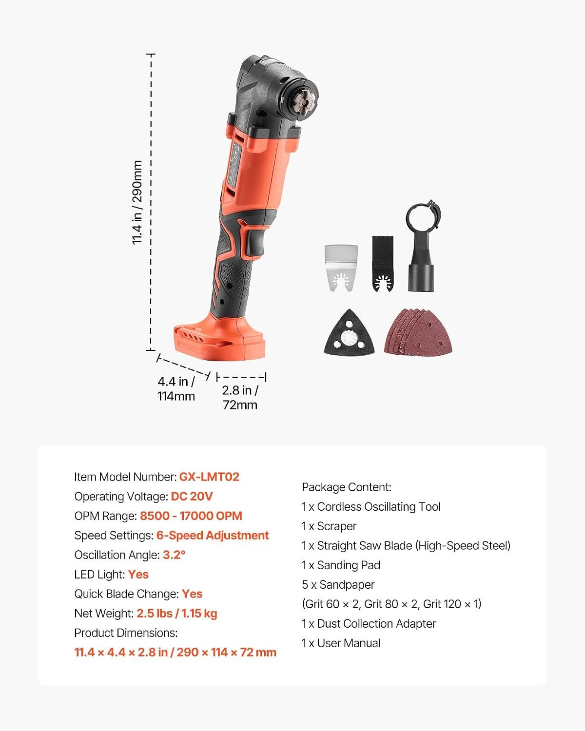 image:imageVEVOR Cordless Oscillating Tool 20V Multitool Oscillating Tool with 6 Variable Speeds 850017000 OPM 32 Oscillating Angle 8PCS Saw Accessories amp LED Work Light Battery Pack Not Included20VA