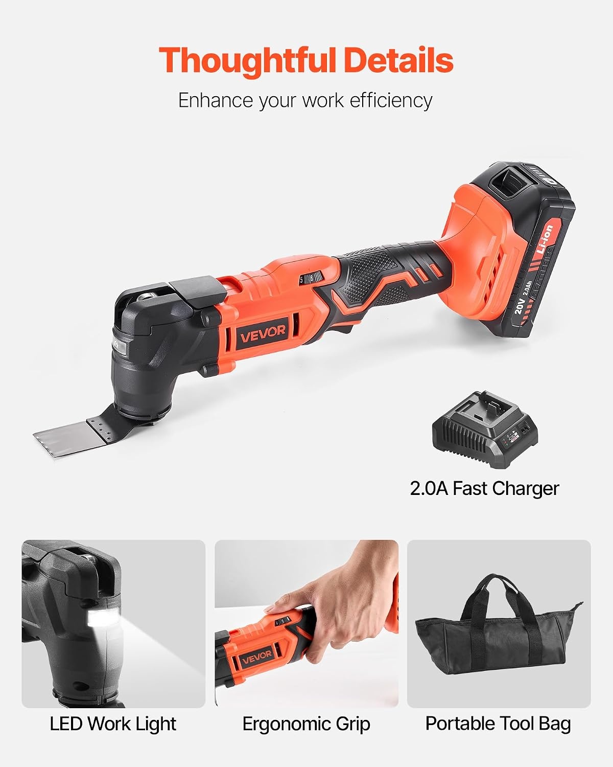 image:imageVEVOR Cordless Oscillating Tool 20V Multitool Oscillating Tool with 6 Variable Speeds 850017000 OPM 32 Oscillating Angle 8PCS Saw Accessories amp LED Work Light Battery Pack Not Included20VB
