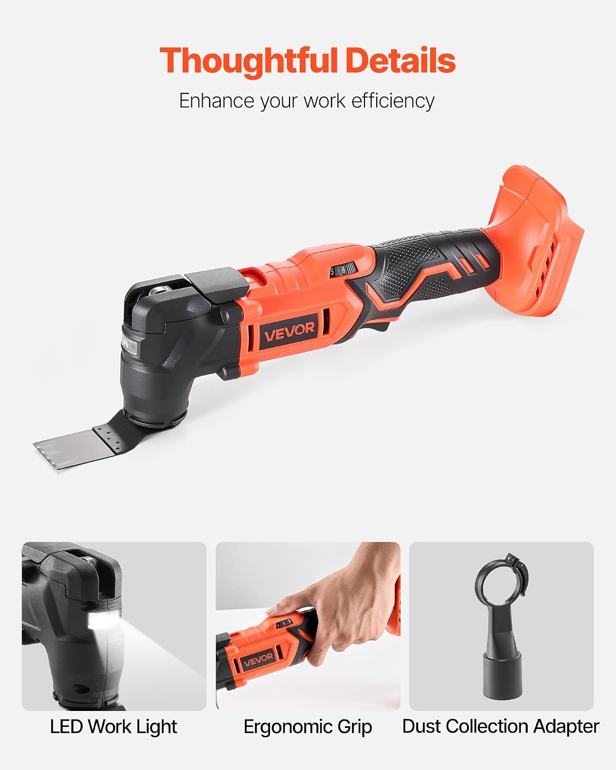image:imageVEVOR Cordless Oscillating Tool 20V Multitool Oscillating Tool with 6 Variable Speeds 850017000 OPM 32 Oscillating Angle 8PCS Saw Accessories amp LED Work Light Battery Pack Not Included20VA