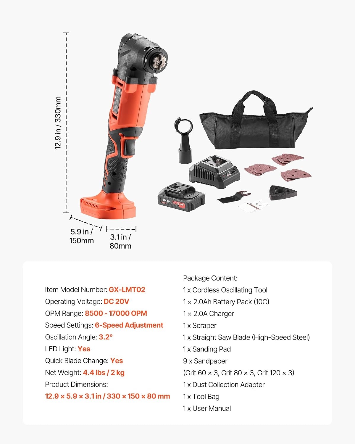 image:imageVEVOR Cordless Oscillating Tool 20V Multitool Oscillating Tool with 6 Variable Speeds 850017000 OPM 32 Oscillating Angle 8PCS Saw Accessories amp LED Work Light Battery Pack Not Included20VB