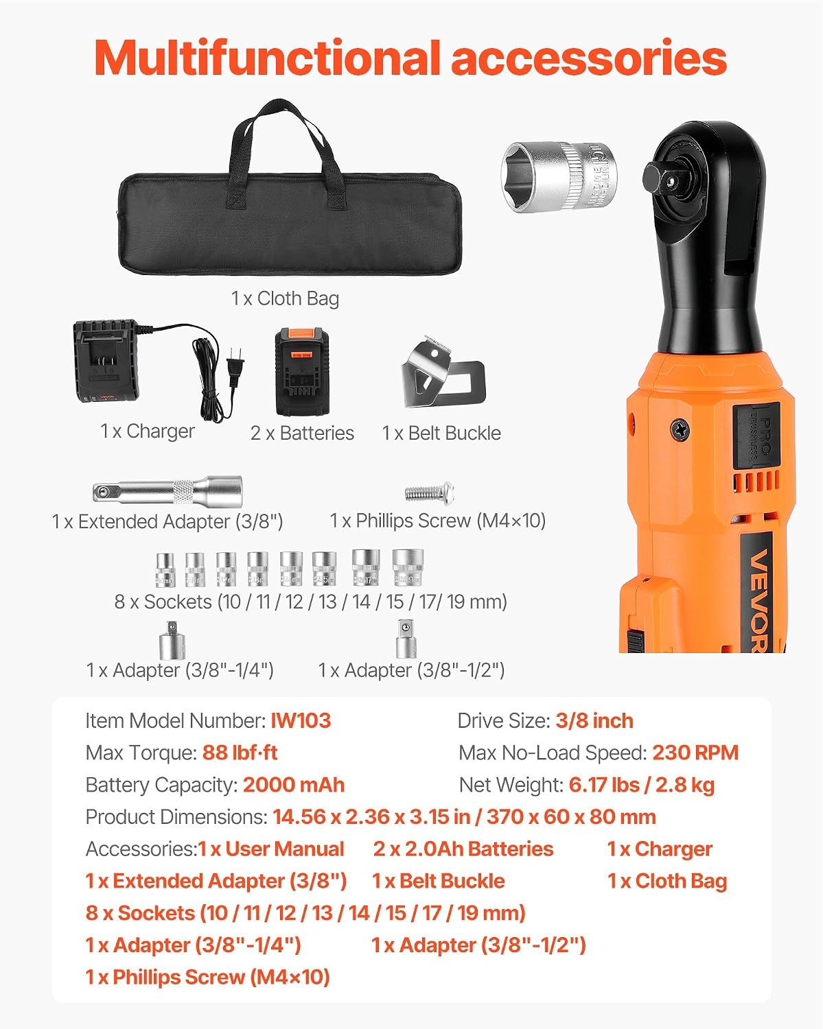 image:imageVEVOR Cordless Ratchet Wrench 38 inch Drive 240 RPM up to 33 ftlbs of Torque Extended Battery Powered Electric Ratchet Wrench Set with Two Batteries Charger Sockets Adaptor and Extension Bar88 ftlbs Standard Head Extension Bar