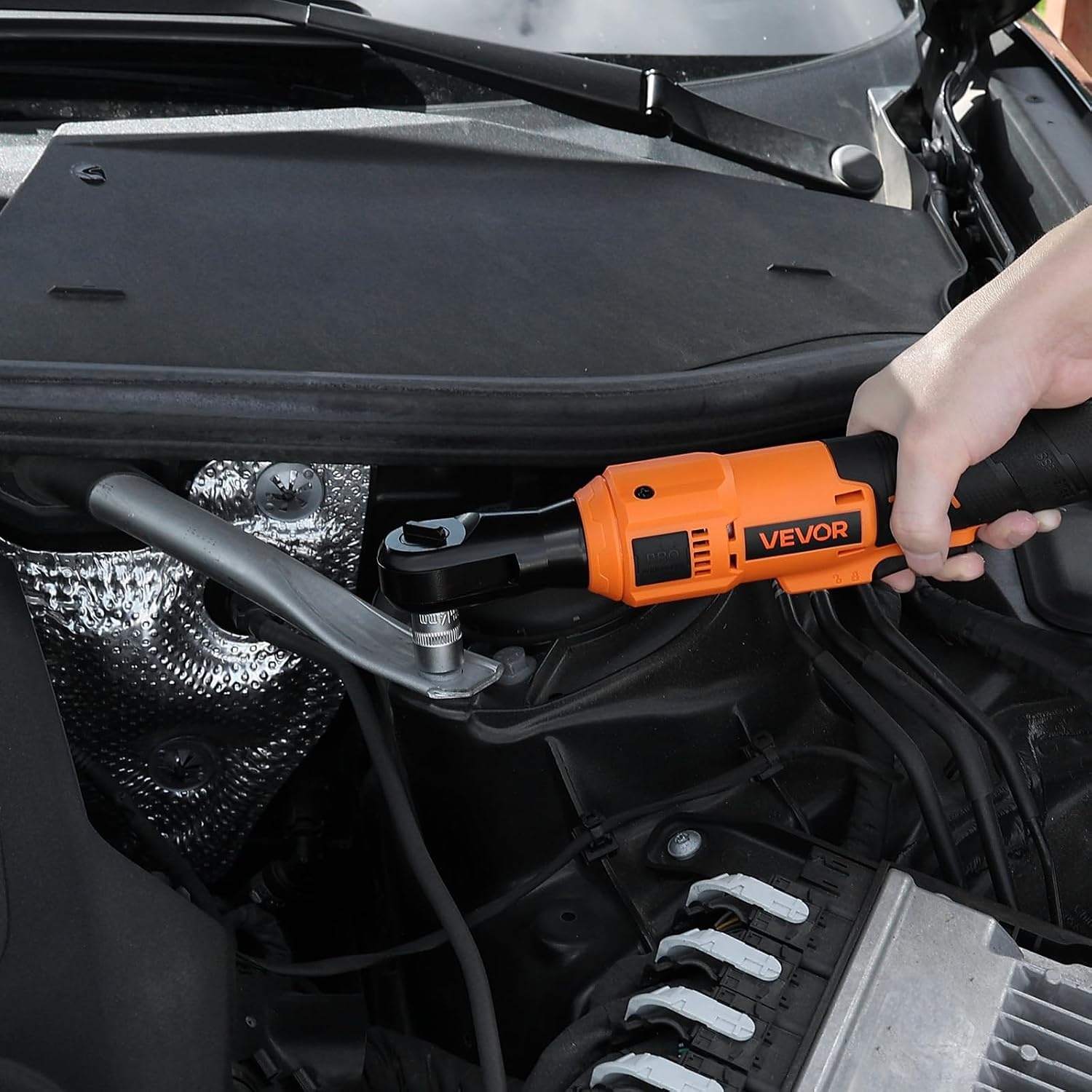 image:imageVEVOR Cordless Ratchet Wrench 38 inch Drive 240 RPM up to 33 ftlbs of Torque Extended Battery Powered Electric Ratchet Wrench Set with Two Batteries Charger Sockets Adaptor and Extension Bar88 ftlbs Standard Head Extension Bar